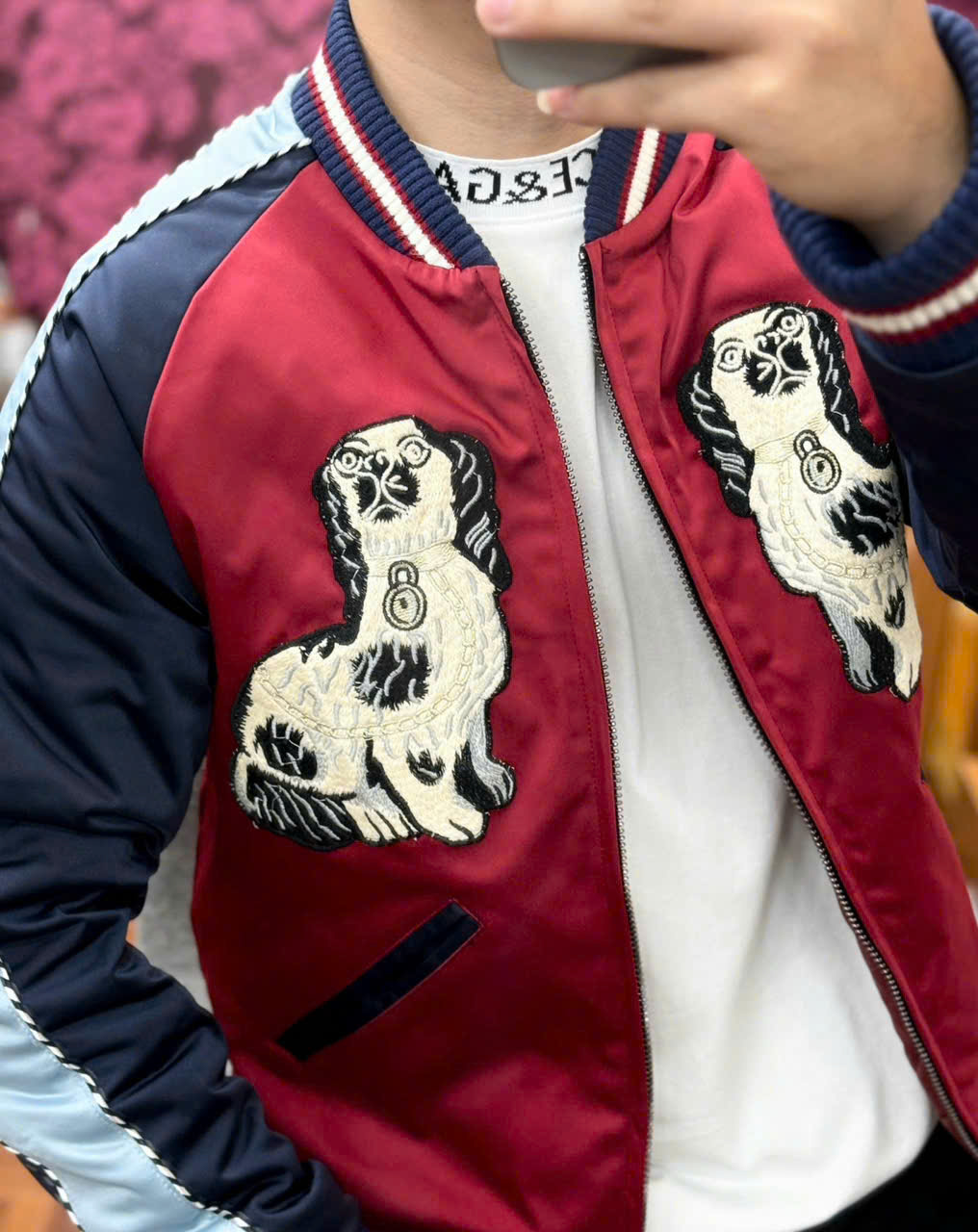 Áo khoác bomber Gucci GC Đỏ phối tay Đen Xám họa tiết 2 chú cún Like Auth 44-50 LK