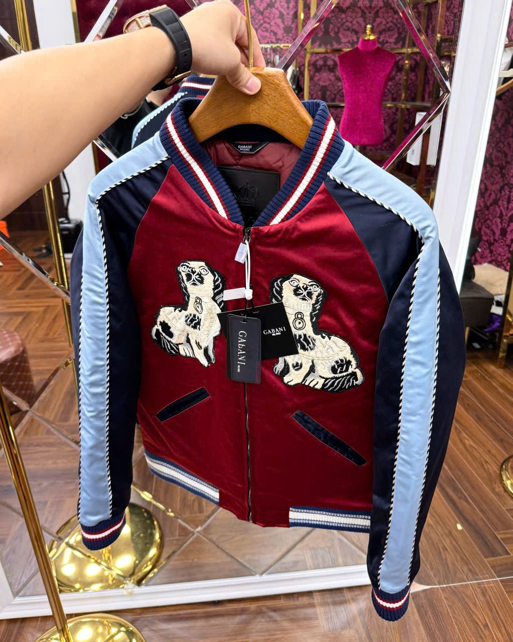 Áo khoác bomber Gucci GC Đỏ phối tay Đen Xám họa tiết 2 chú cún Like Auth 44-50 LK