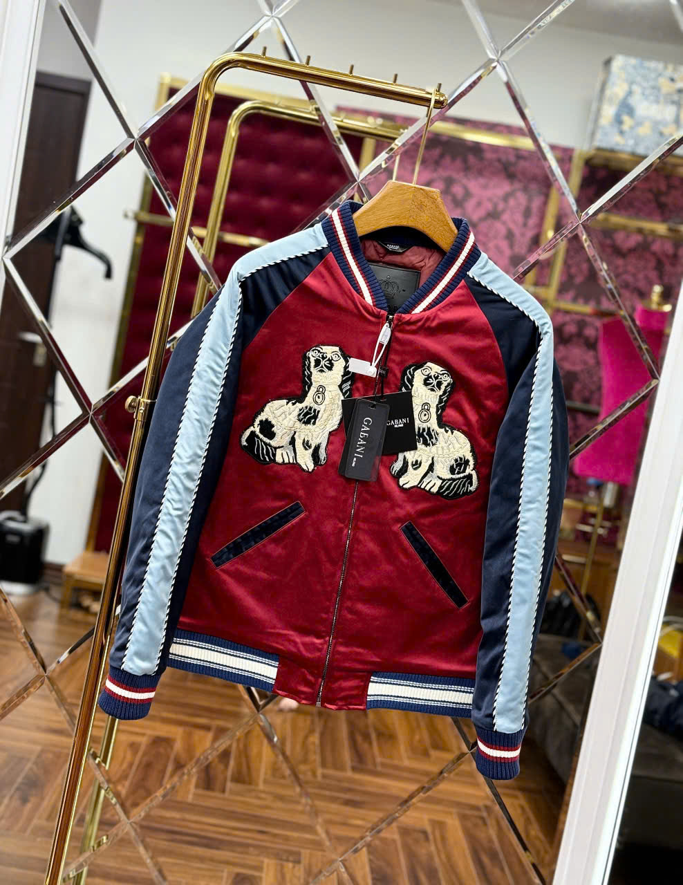 Áo khoác bomber Gucci GC Đỏ phối tay Đen Xám họa tiết 2 chú cún Like Auth 44-50 LK