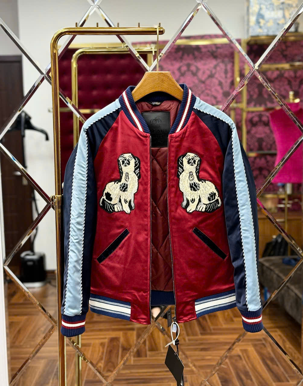 Áo khoác bomber Gucci GC Đỏ phối tay Đen Xám họa tiết 2 chú cún Like Auth 44-50 LK