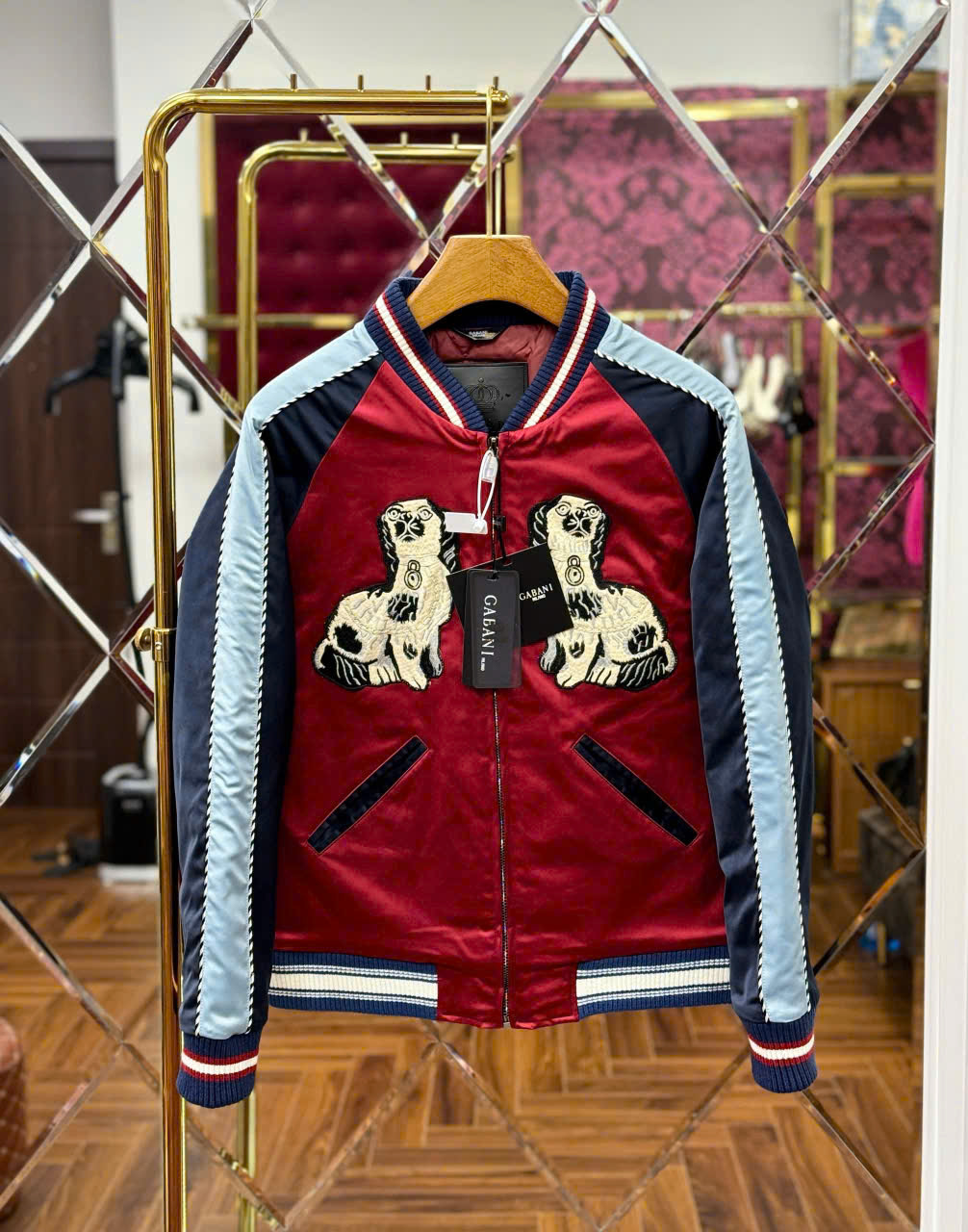 Áo khoác bomber Gucci GC Đỏ phối tay Đen Xám họa tiết 2 chú cún Like Auth 44-50 LK