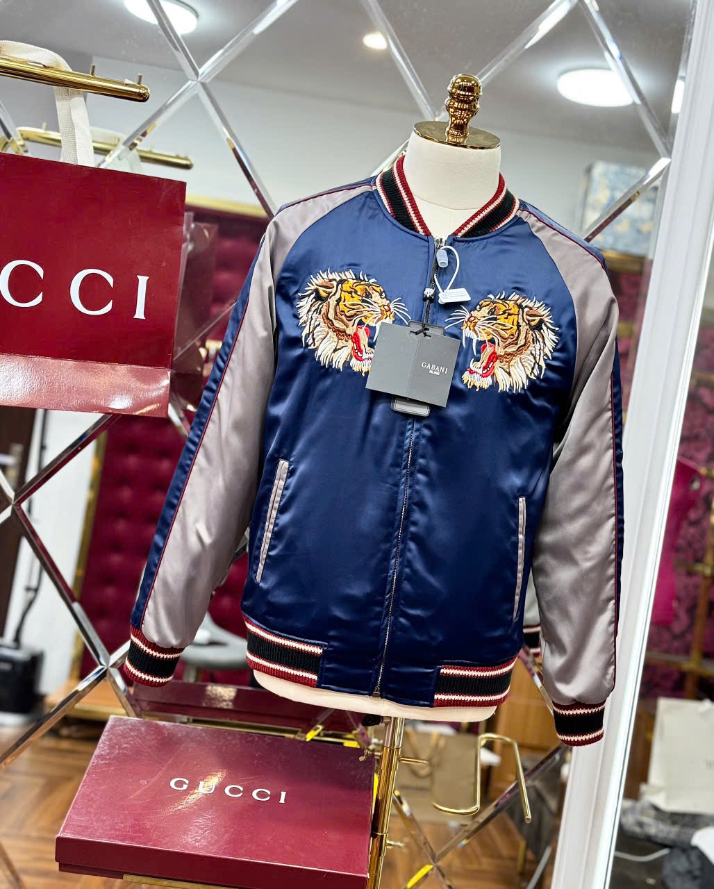 Áo khoác Gucci GC Xanh than phối tay Xám họa tiết thêu song hổ Like Auth 44-50 LK
