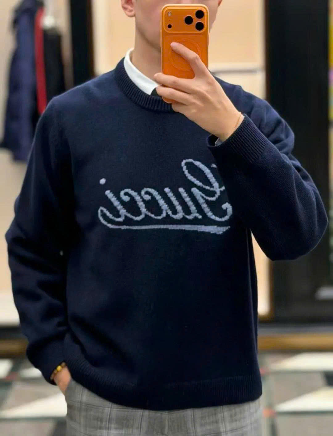 Áo sweater len Gucci GC Xanh logo check ngực chữ to Like Auth S-L VTN