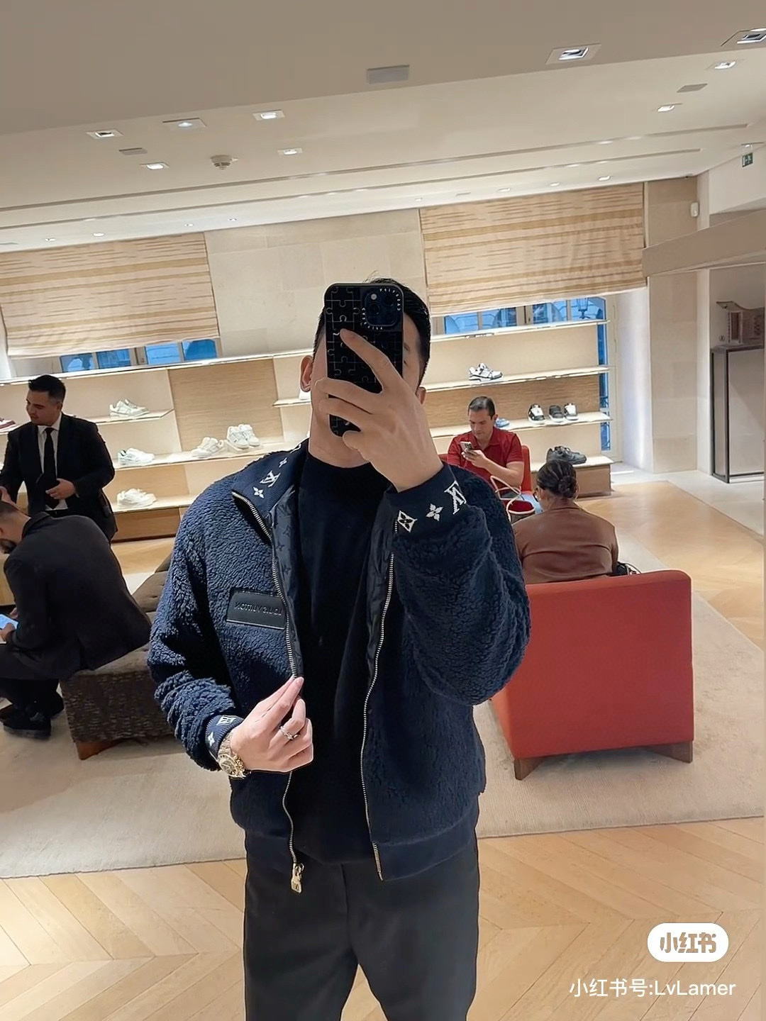 Áo khoác lông cừu Louis Vuitton LV Xanh Than tag da ngực khóa vàng 1-1 on web S-L VTN