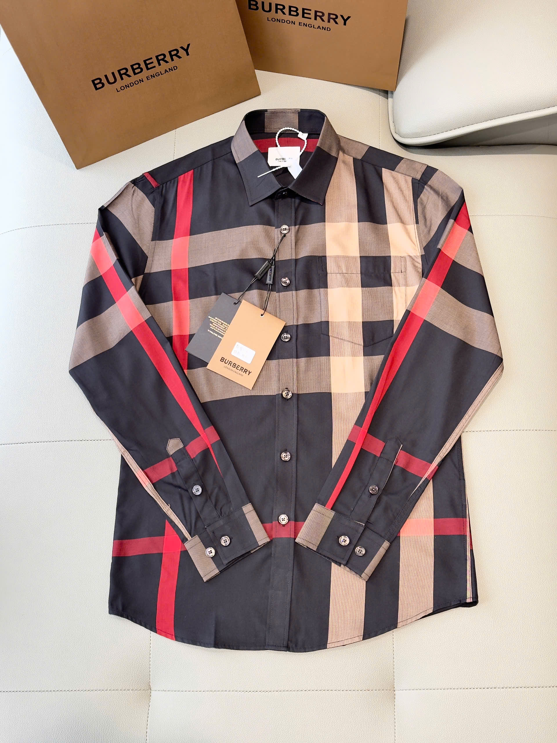 Áo sơ mi Burberry BBR Xám kẻ sọc Đỏ Like Auth S-XXL DDT