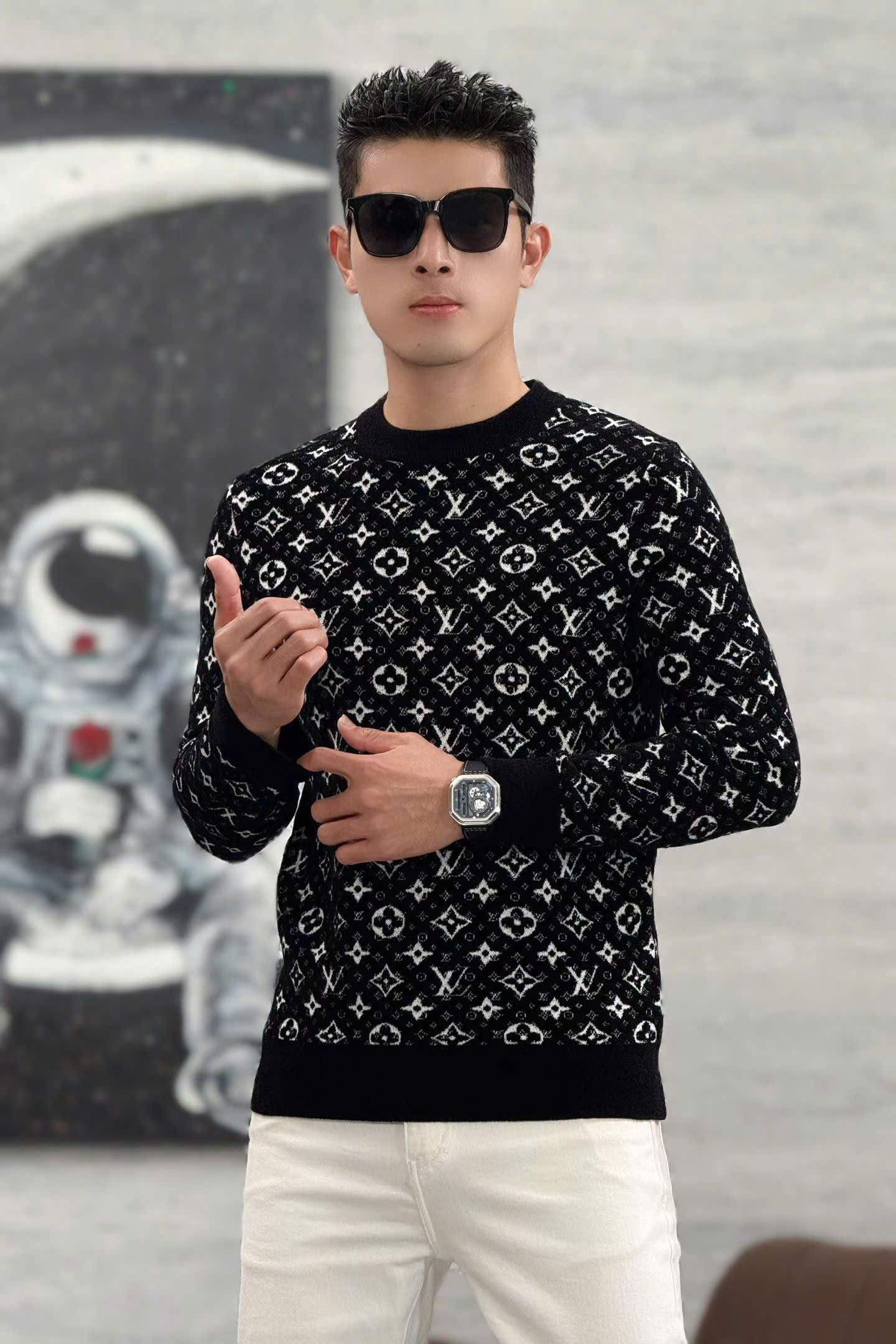 Áo sweater len Louis Vuitton LV Đen họa tiết monogram Trắng full Like Auth 48-52 MK