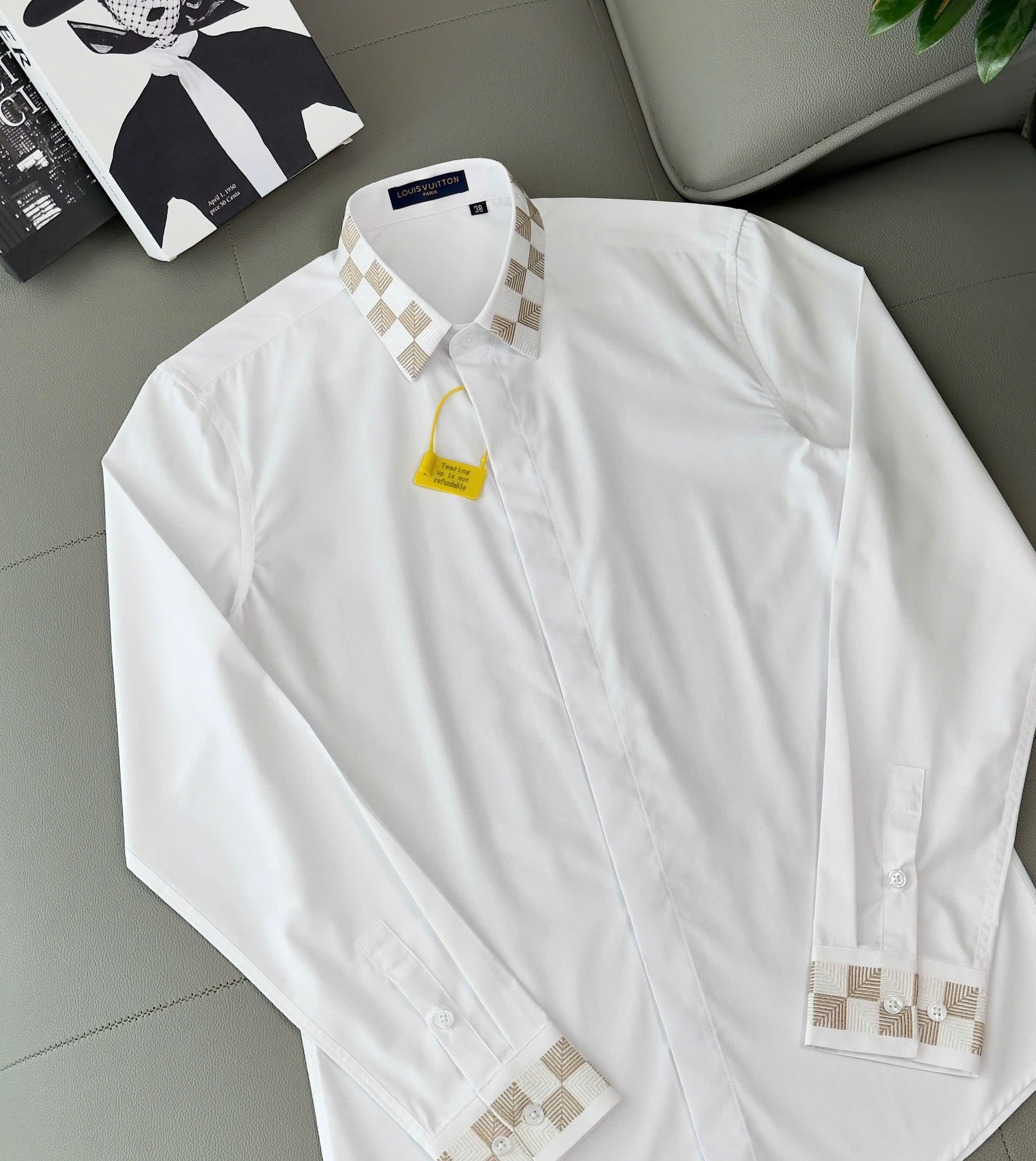 Áo sơ mi Louis Vuitton LV Trắng check tay cổ caro Like Auth 38-41 DDT