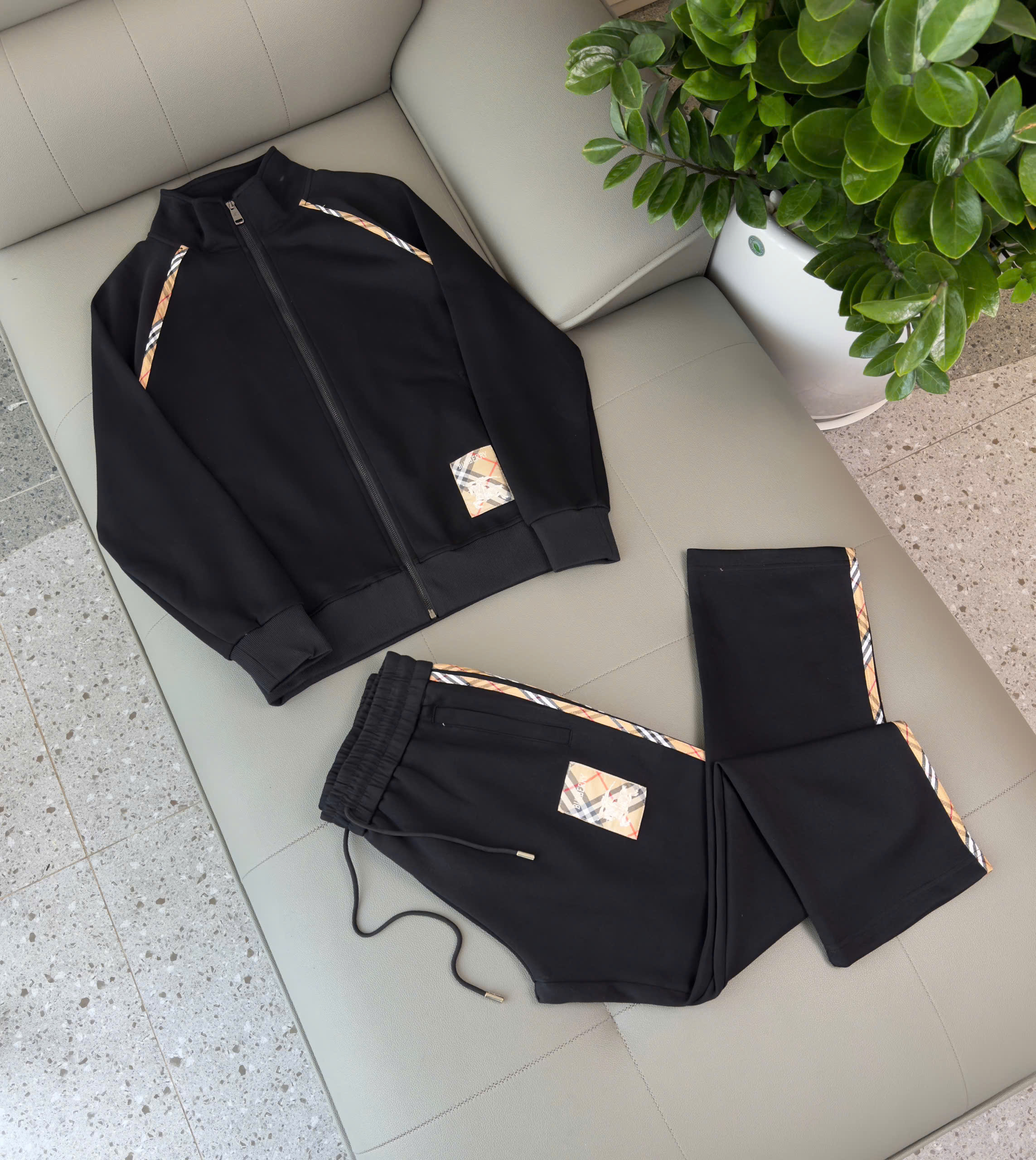 Set bộ nỉ Burberry BBR check viền kẻ chéo sọc Nâu Like Auth M-XXL DDT