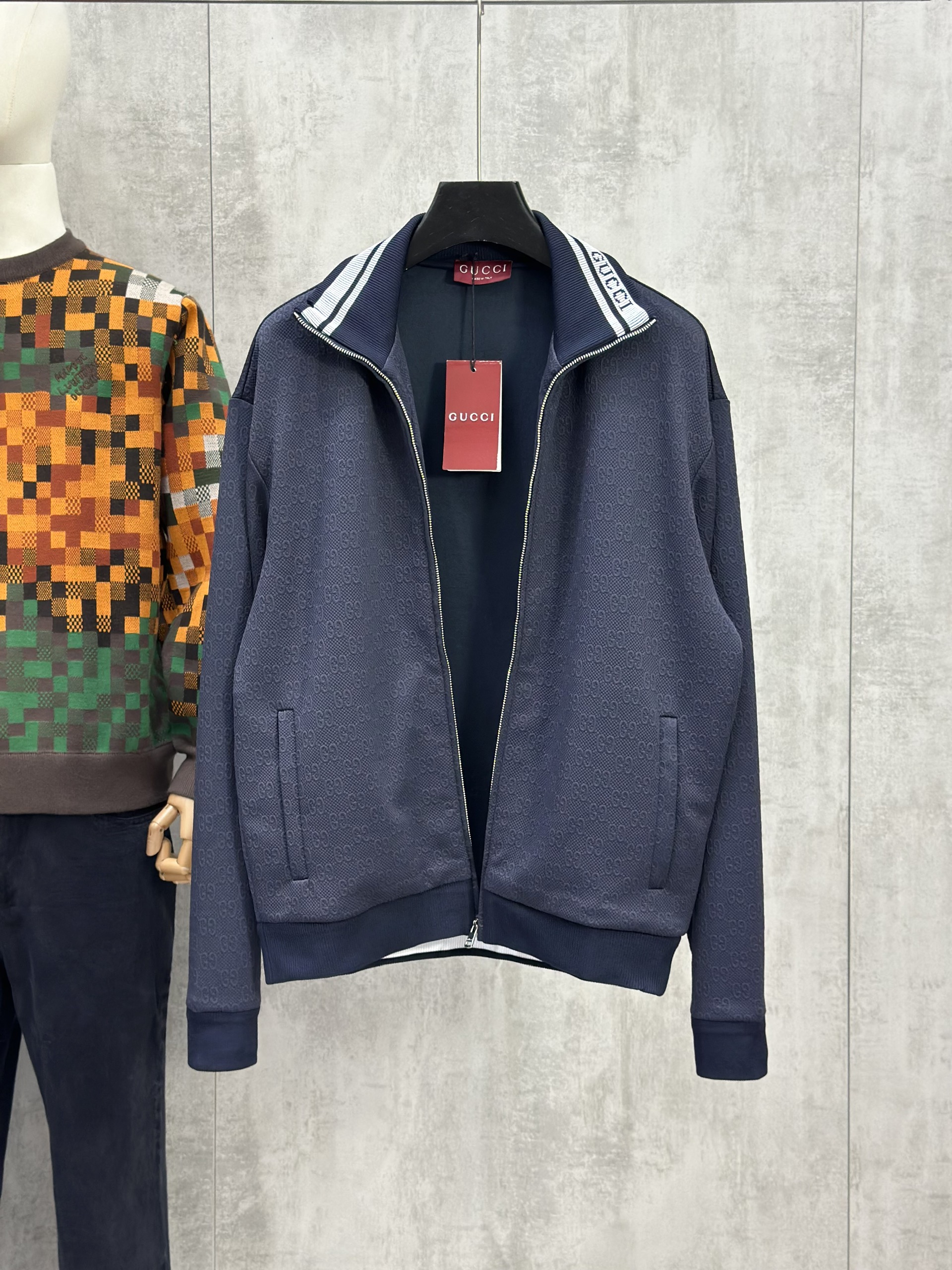 Áo khoác Gucci GC Xanh than full monogram logo check cổ Like AUth S-L VTN