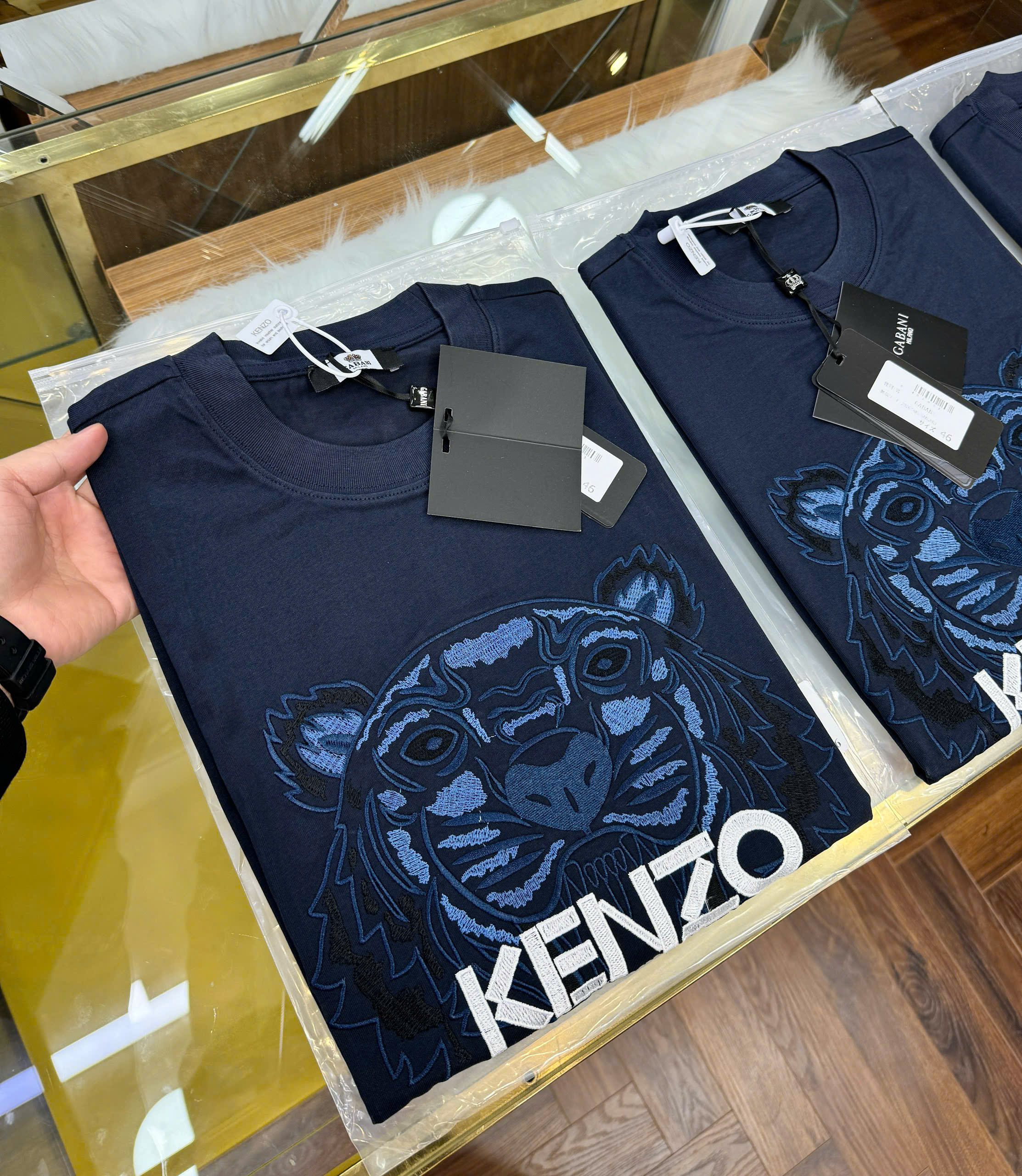 Áo phông T shirt Kenzo Xanh Than thêu mặt Hổ logo chữ Trắng Like Auth 44-50 CD