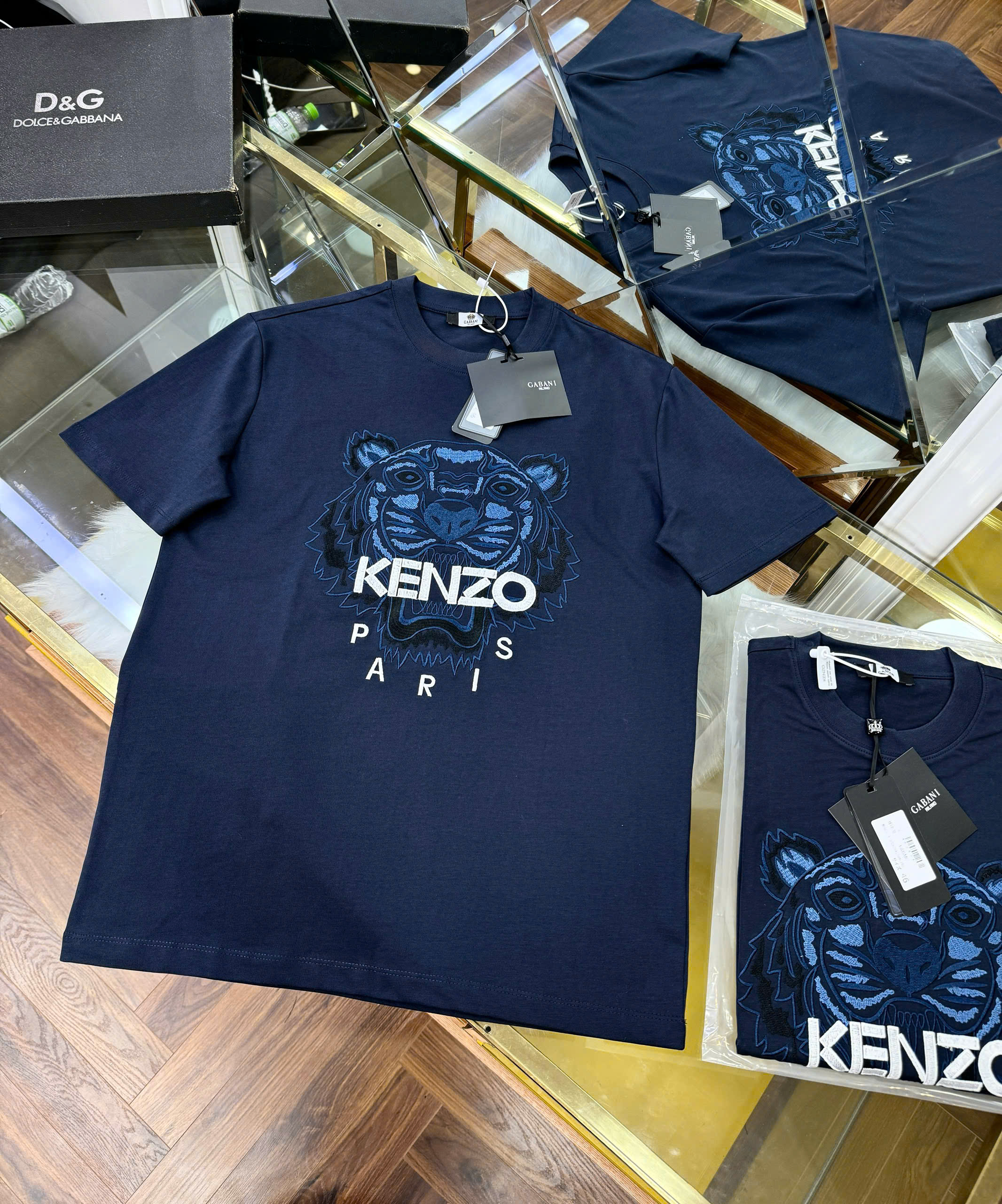 Áo phông T shirt Kenzo Xanh Than thêu mặt Hổ logo chữ Trắng Like Auth 44-50 CD