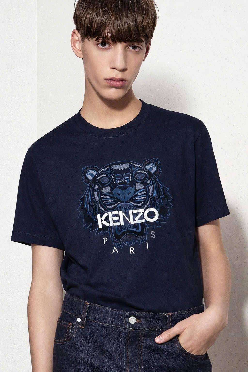 Áo phông T shirt Kenzo Xanh Than thêu mặt Hổ logo chữ Trắng Like Auth 44-50 CD