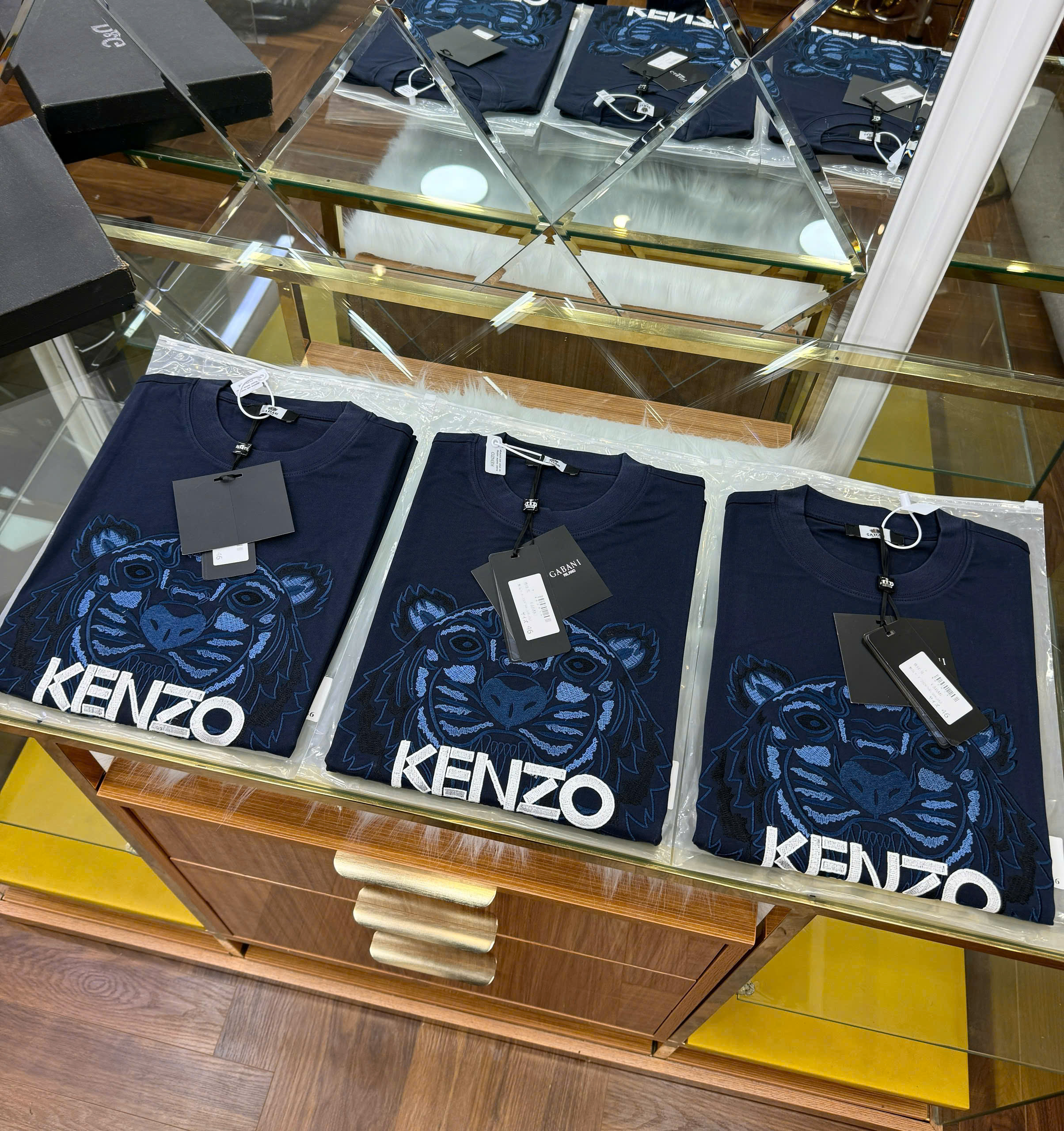 Áo phông T shirt Kenzo Xanh Than thêu mặt Hổ logo chữ Trắng Like Auth 44-50 CD