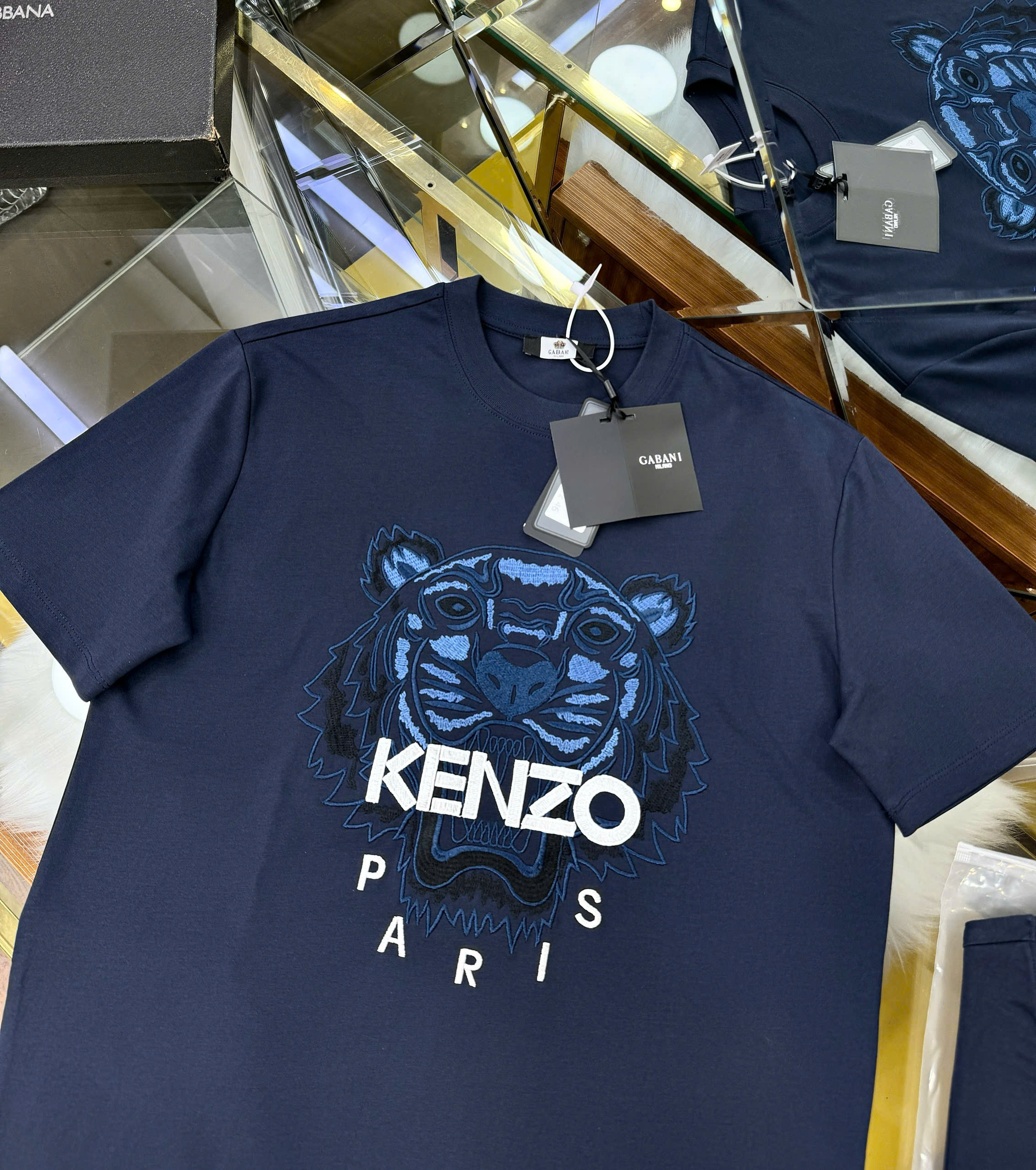 Áo phông T shirt Kenzo Xanh Than thêu mặt Hổ logo chữ Trắng Like Auth 44-50 CD