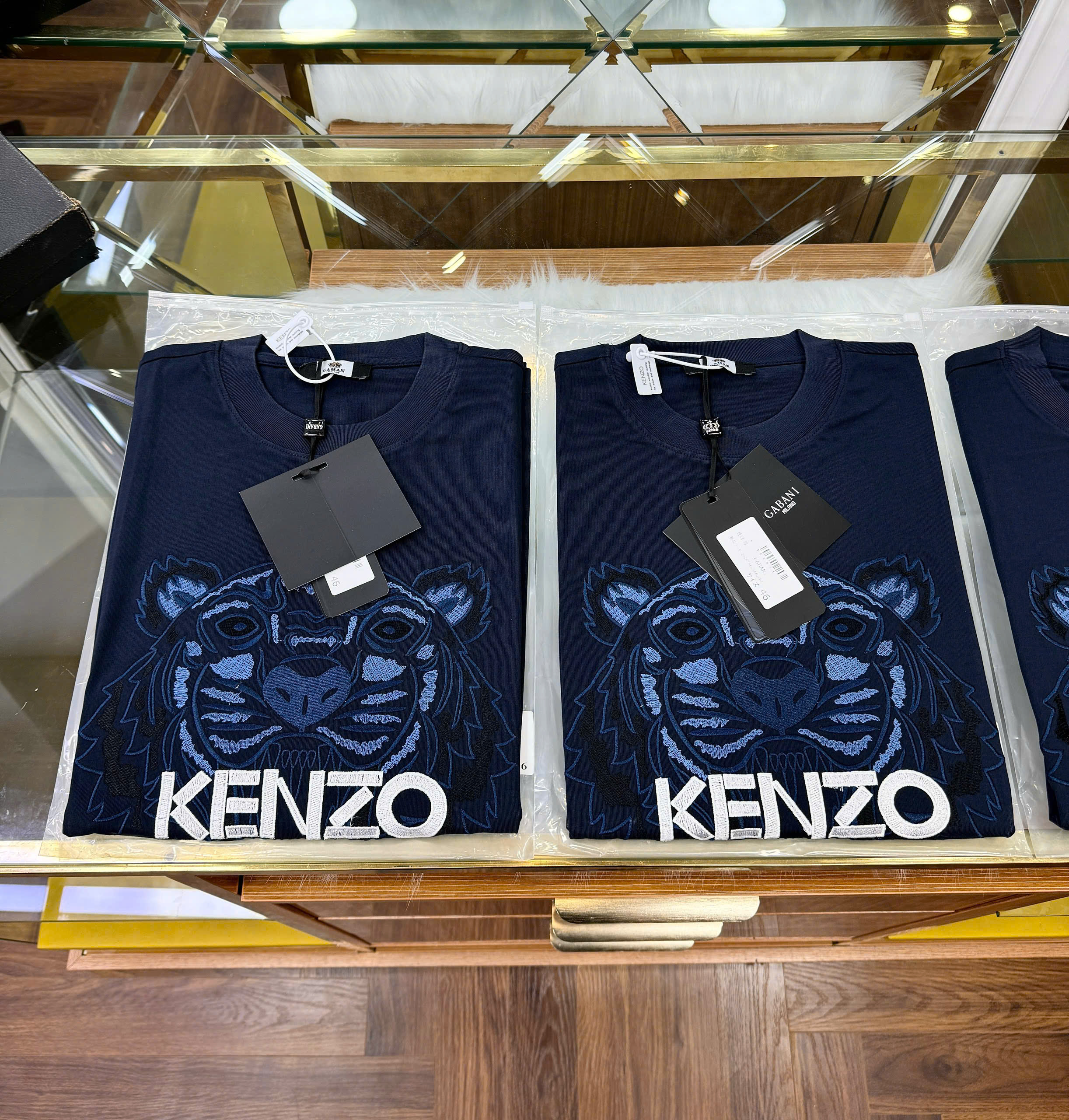 Áo phông T shirt Kenzo Xanh Than thêu mặt Hổ logo chữ Trắng Like Auth 44-50 CD