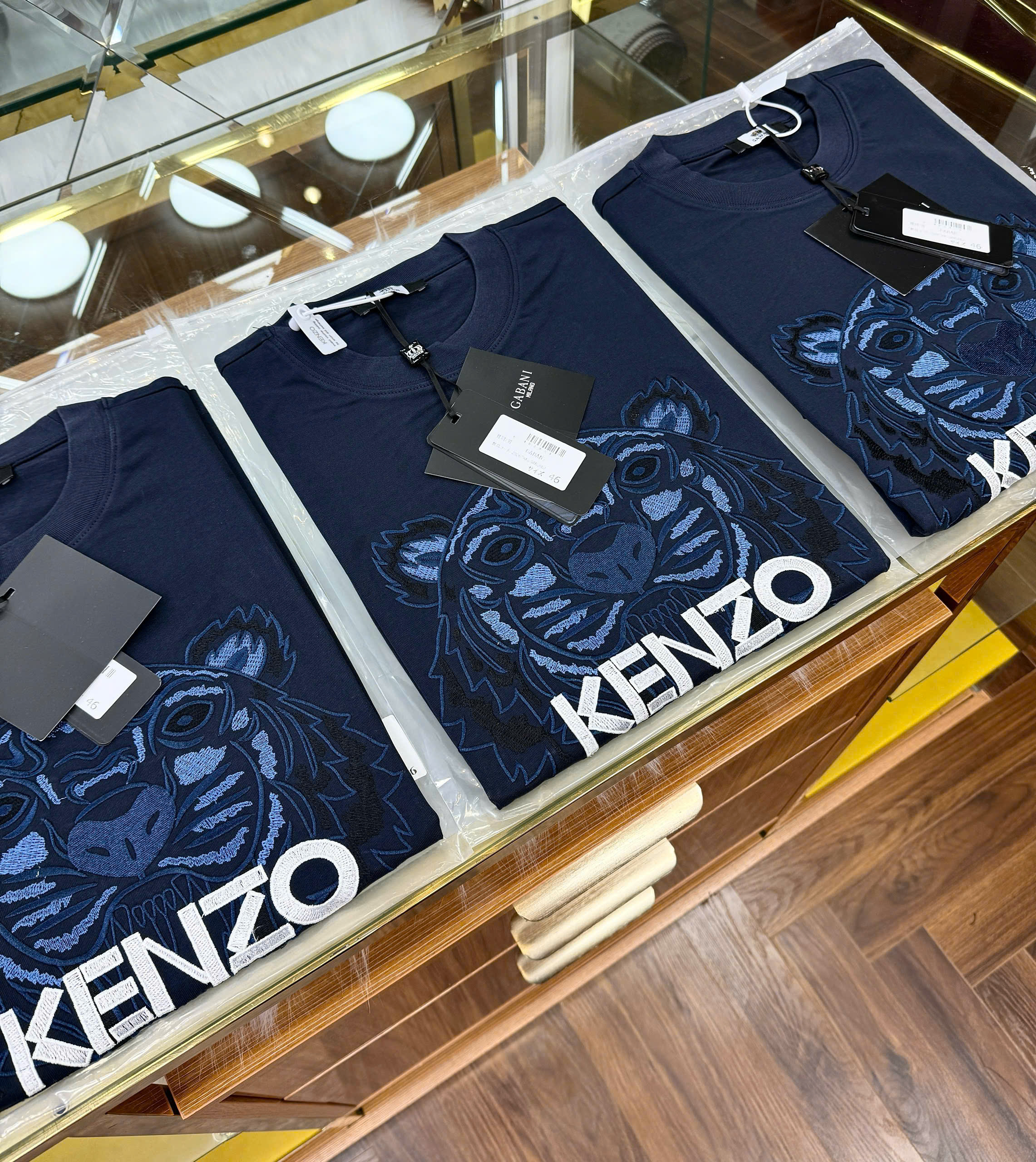 Áo phông T shirt Kenzo Xanh Than thêu mặt Hổ logo chữ Trắng Like Auth 44-50 CD