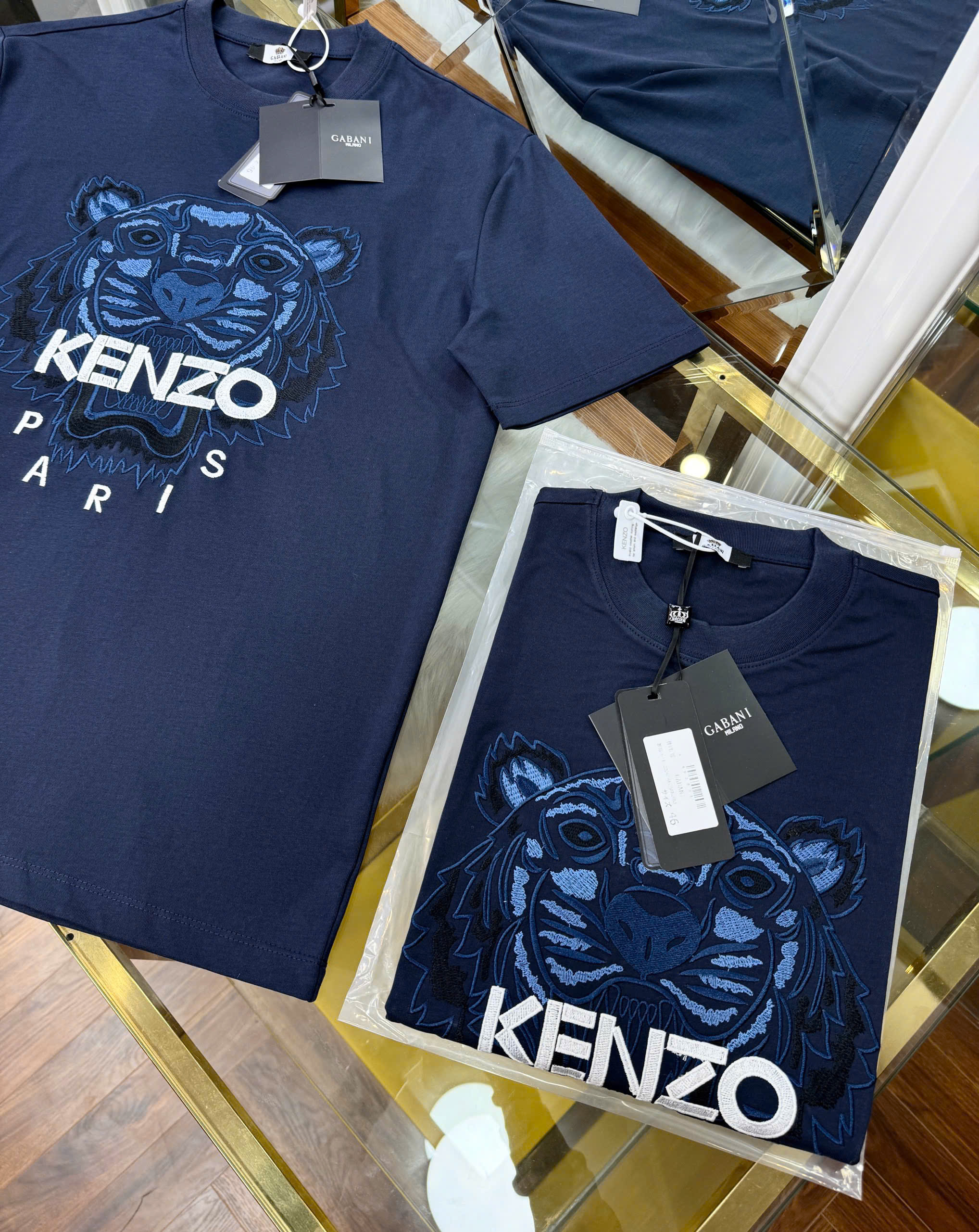 Áo phông T shirt Kenzo Xanh Than thêu mặt Hổ logo chữ Trắng Like Auth 44-50 CD