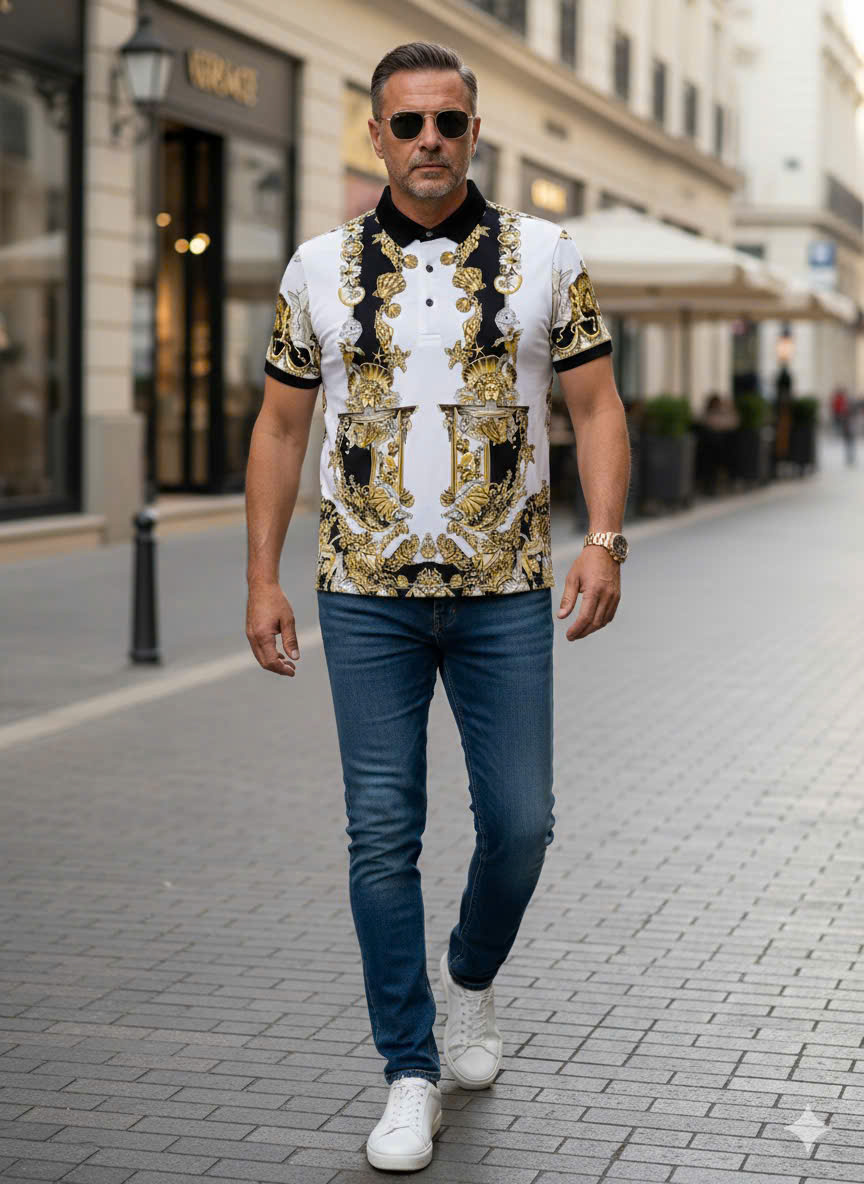 Áo polo hình Versace VS họa tiết đôi cá ngựa Quý tộc Like AUth 48-52 MK