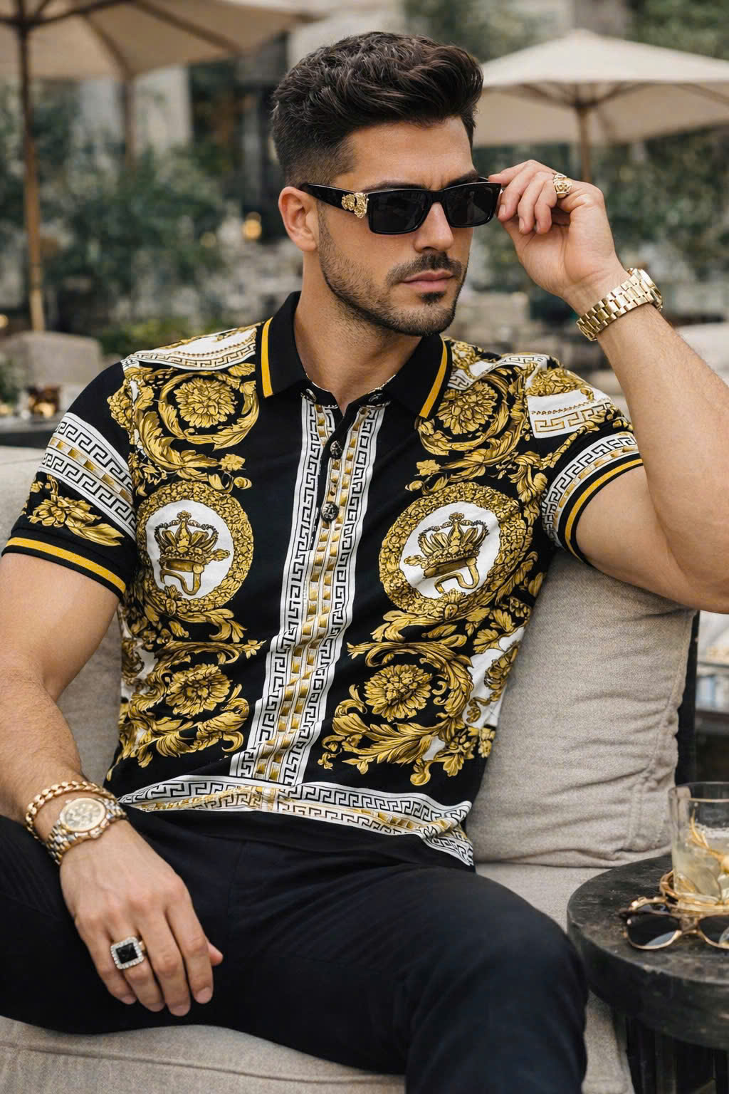 Áo Polo Versace VS Vàng Đen họa tiết Mặt Quỷ và Vương Miện Quý Tốc Like Auth 1-1 on web 48-52 MK