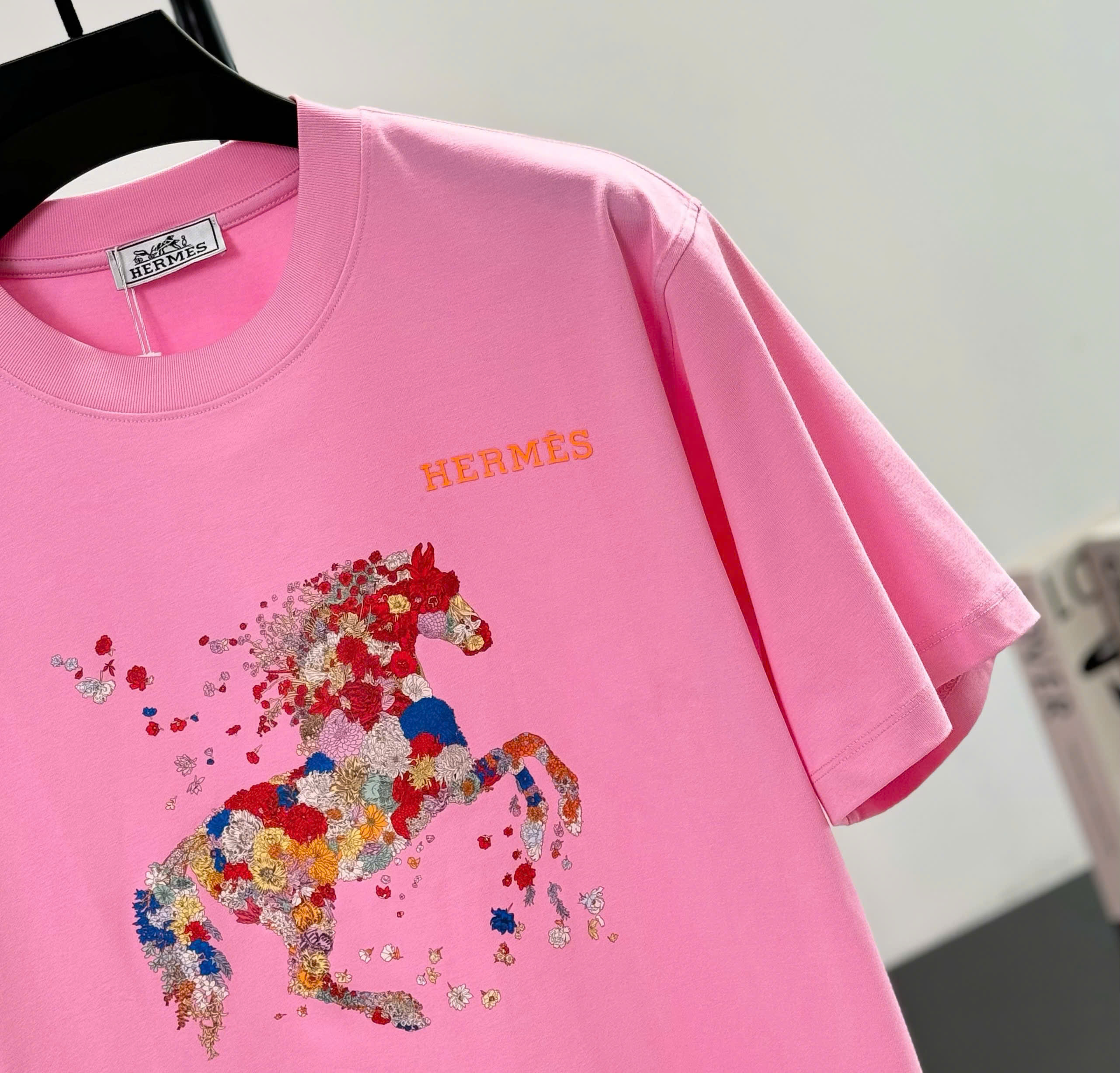 Áo phông T shirt Hermes HM họa tiết ngựa hoa Like Auth S-L DDT\hồng
