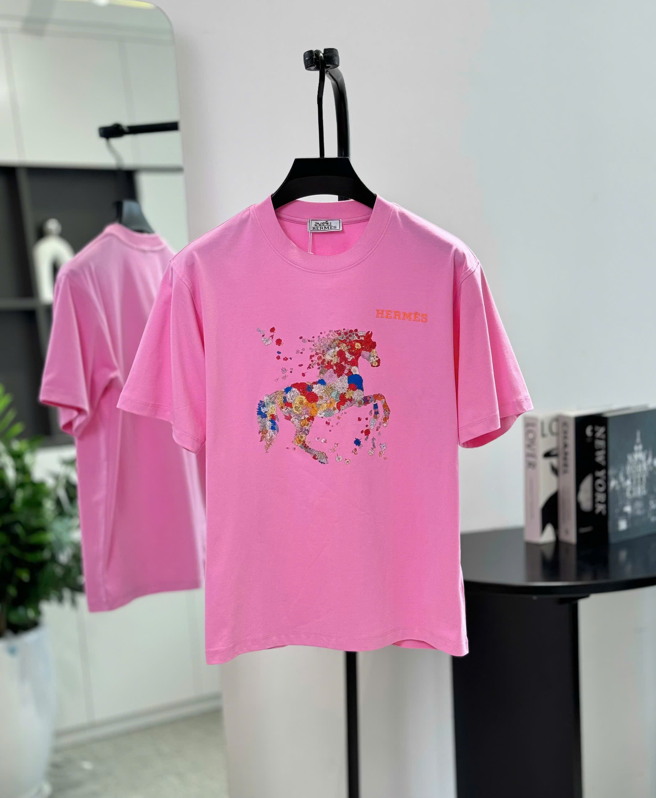 Áo phông T shirt Hermes HM họa tiết ngựa hoa Like Auth S-L DDT\hồng