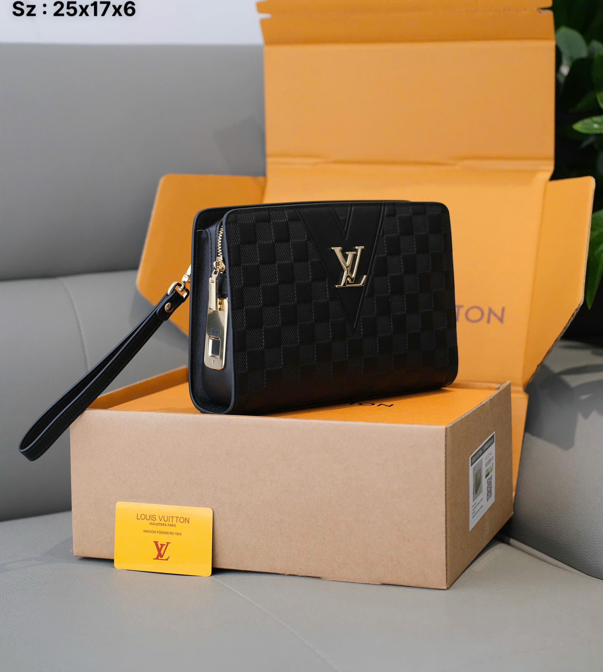 Túi ví Clutch Louis Vuitton LV dập ô caro logo tag Vàng khóa vân tay Like Auth 25x17x6 DDT