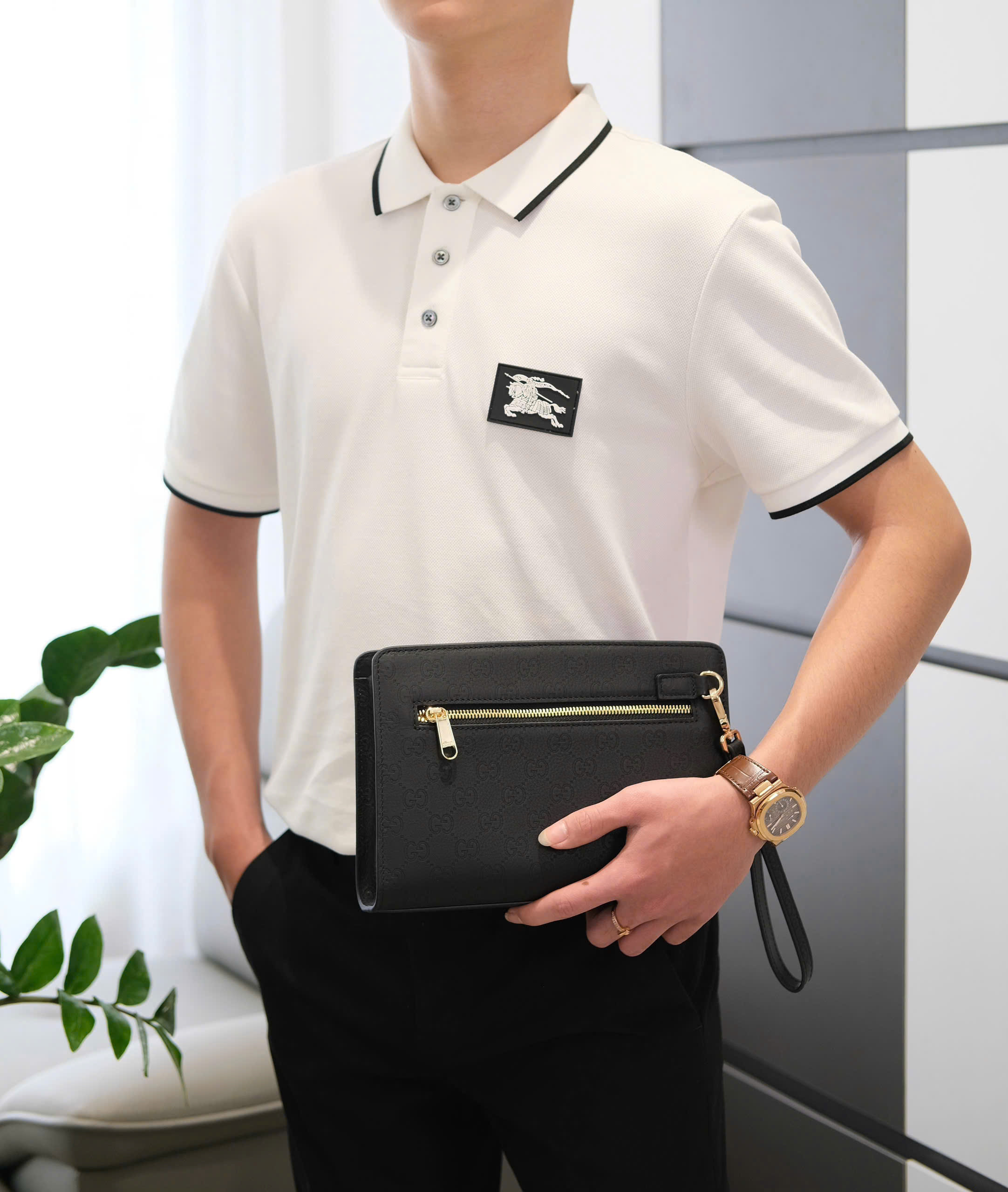 Túi ví Clutch Gucci GC monogram tag sọc xanh đỏ khóa vân tay Like Auth 25x17x6 DDT