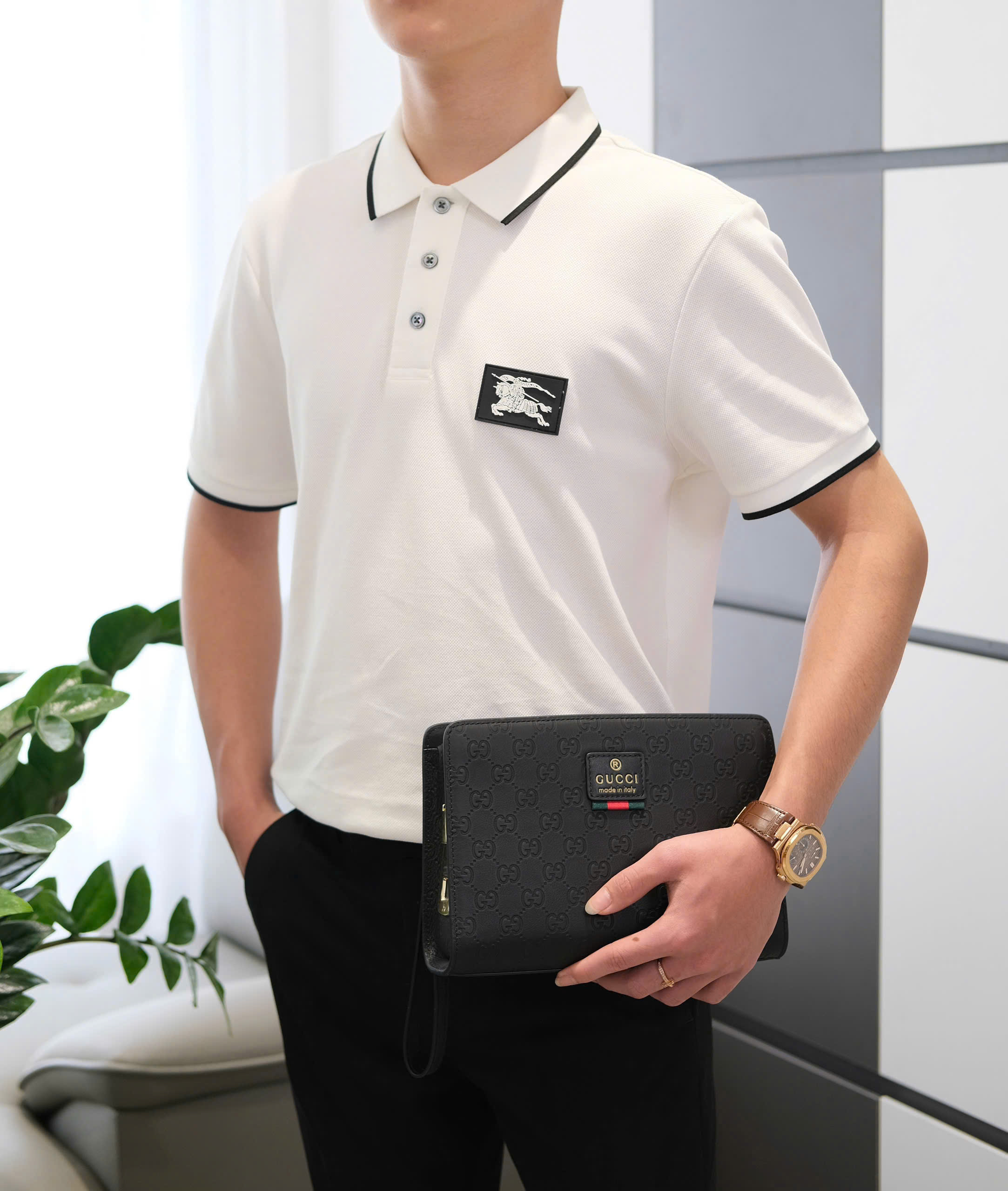 Túi ví Clutch Gucci GC monogram tag sọc xanh đỏ khóa vân tay Like Auth 25x17x6 DDT