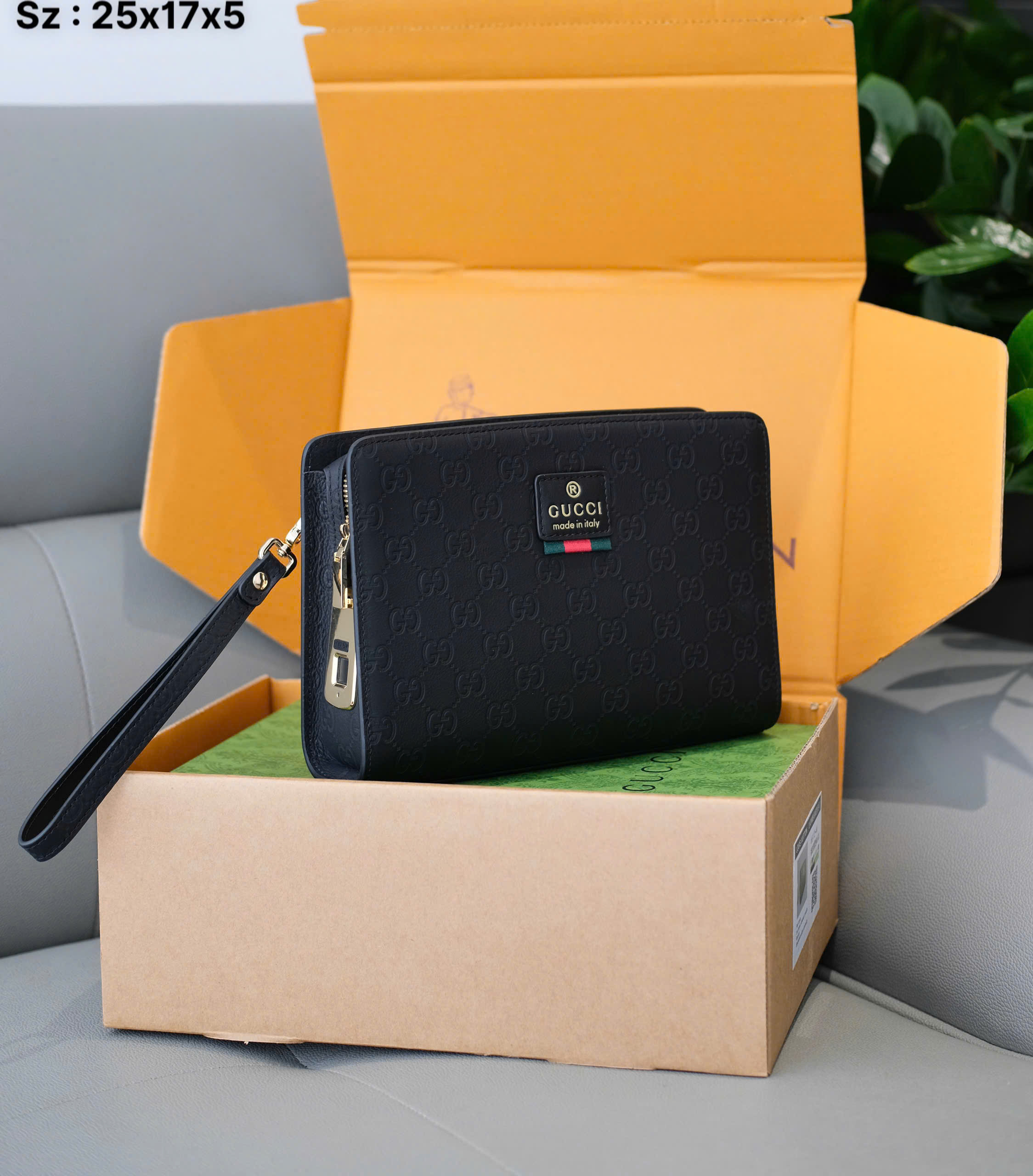 Túi ví Clutch Gucci GC monogram tag sọc xanh đỏ khóa vân tay Like Auth 25x17x6 DDT