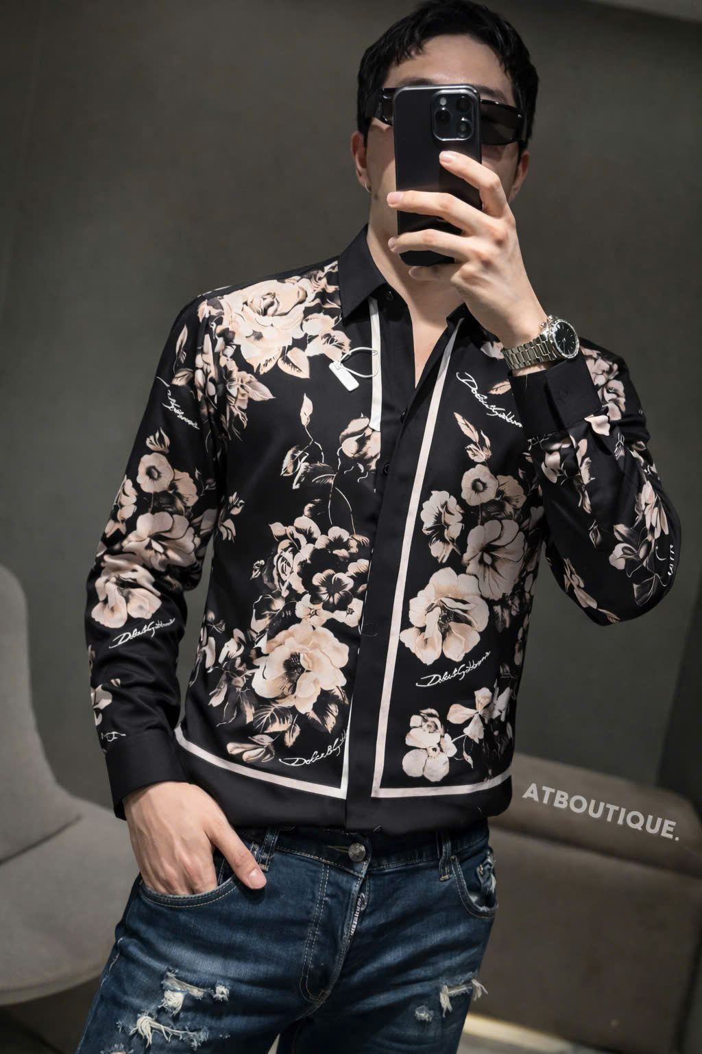 Áo sơ mi Dolce Gabbana DG Đen họa tiết Hoa Hồng Like Auth 44-50 CD