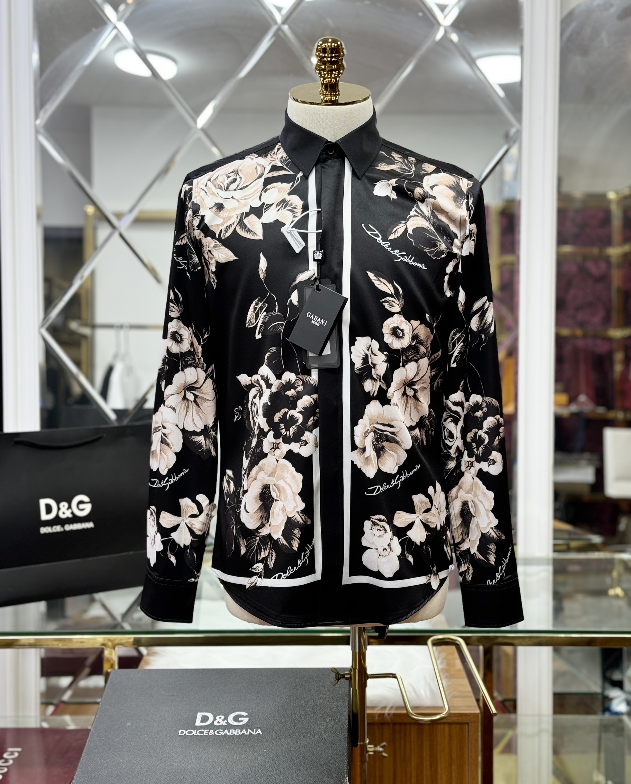 Áo sơ mi Dolce Gabbana DG Đen họa tiết Hoa Hồng Like Auth 44-50 CD