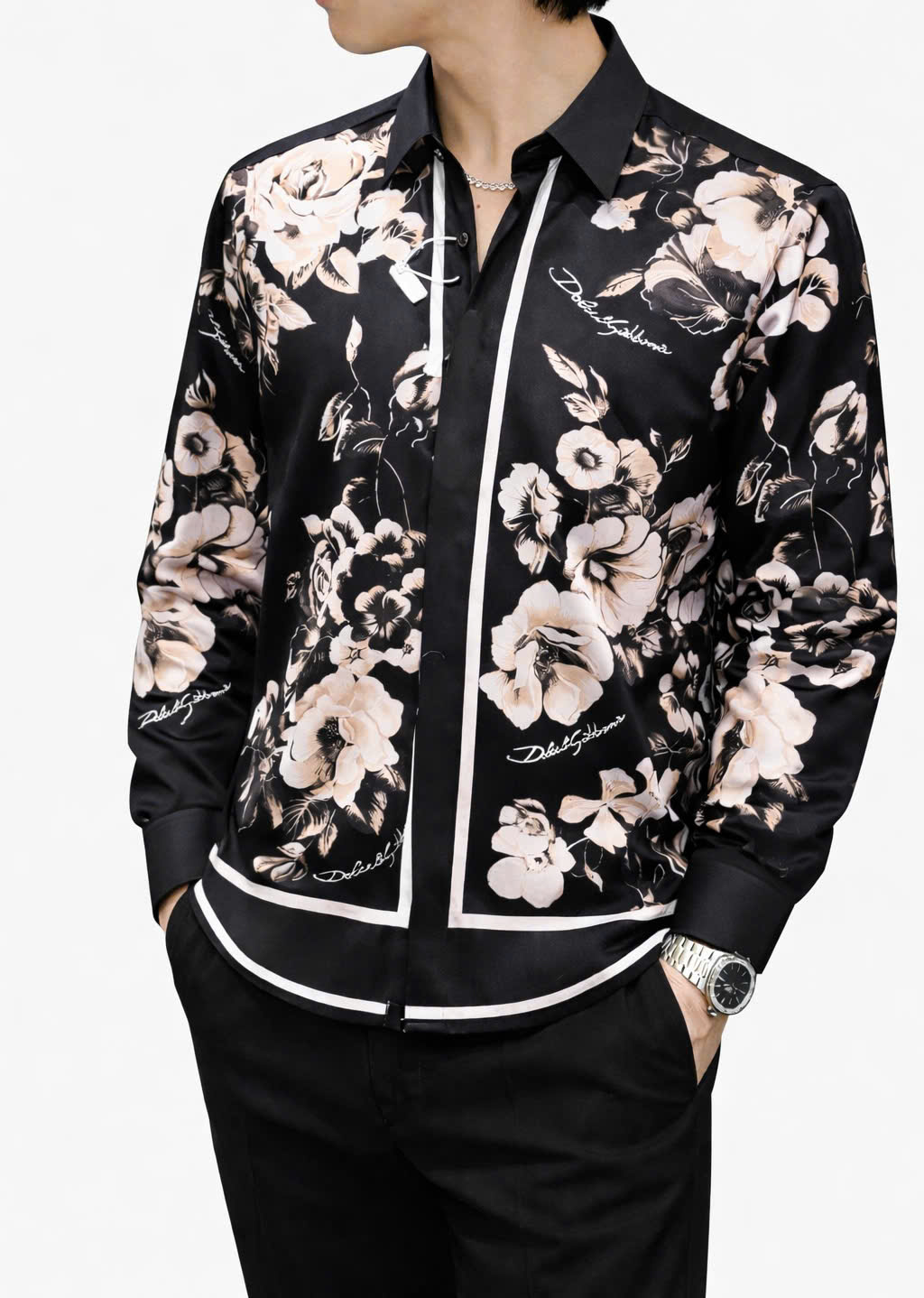 Áo sơ mi Dolce Gabbana DG Đen họa tiết Hoa Hồng Like Auth 44-50 CD