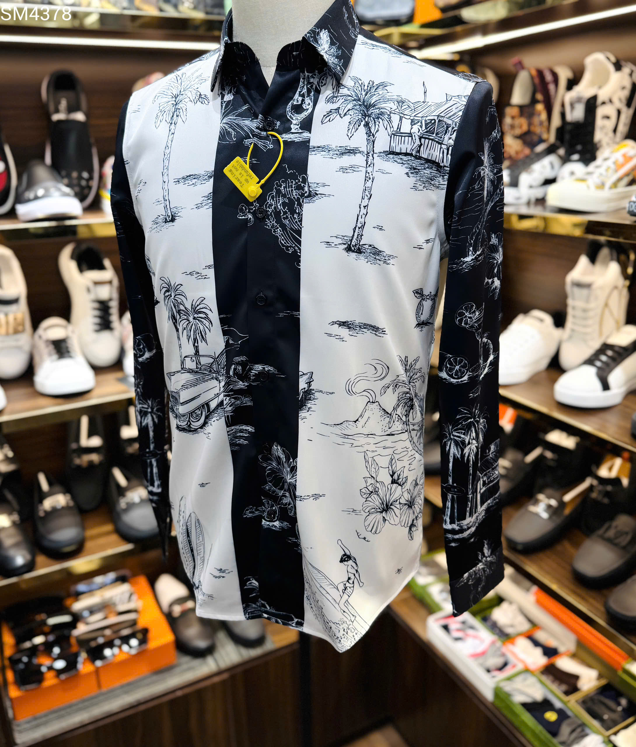 Áo sơ mi hình Dolce Gabbana DG họa tiết cây dừa phối kẻ Trắng Đen Like Auth 38-41 MK