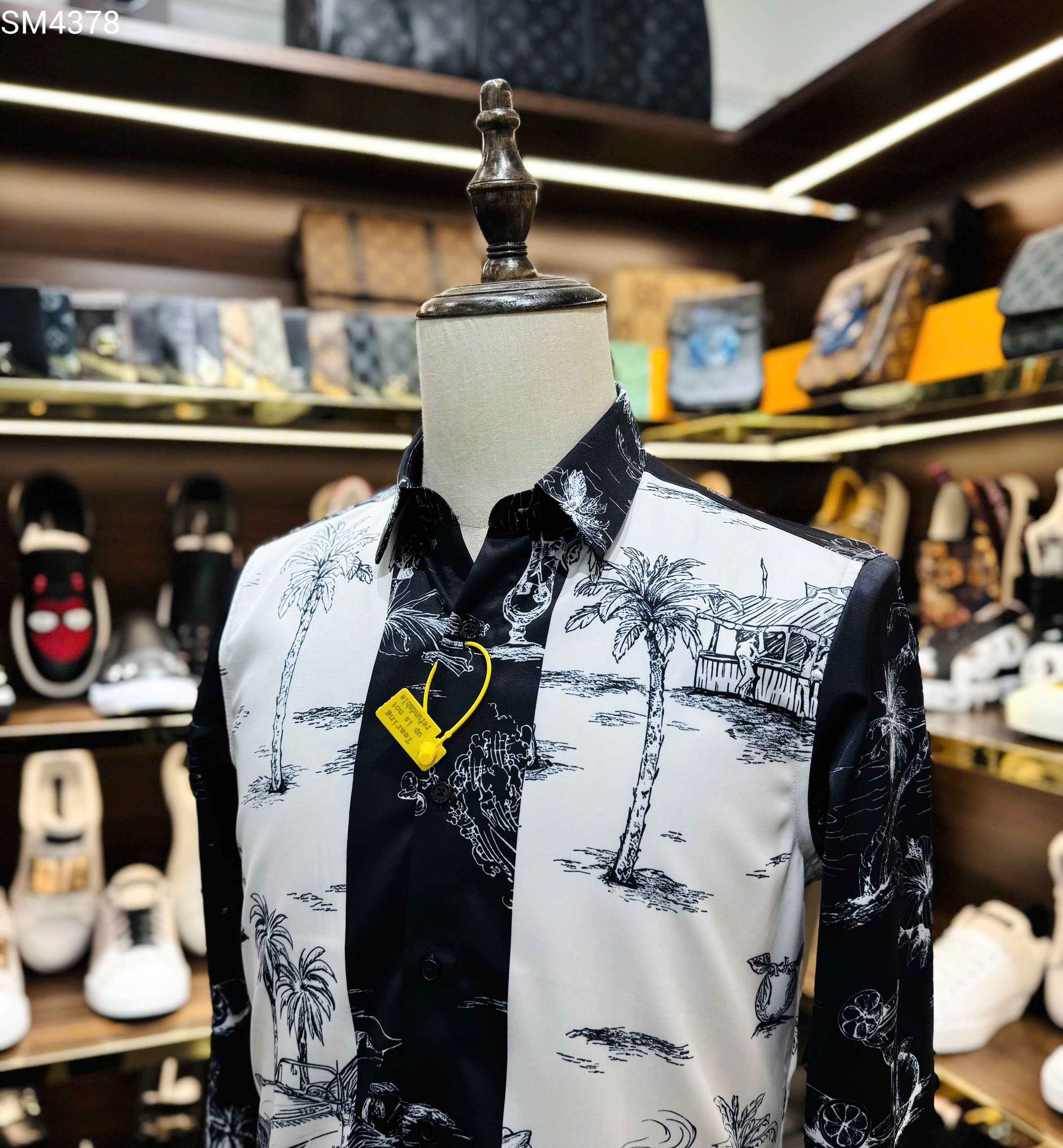 Áo sơ mi hình Dolce Gabbana DG họa tiết cây dừa phối kẻ Trắng Đen Like Auth 38-41 MK