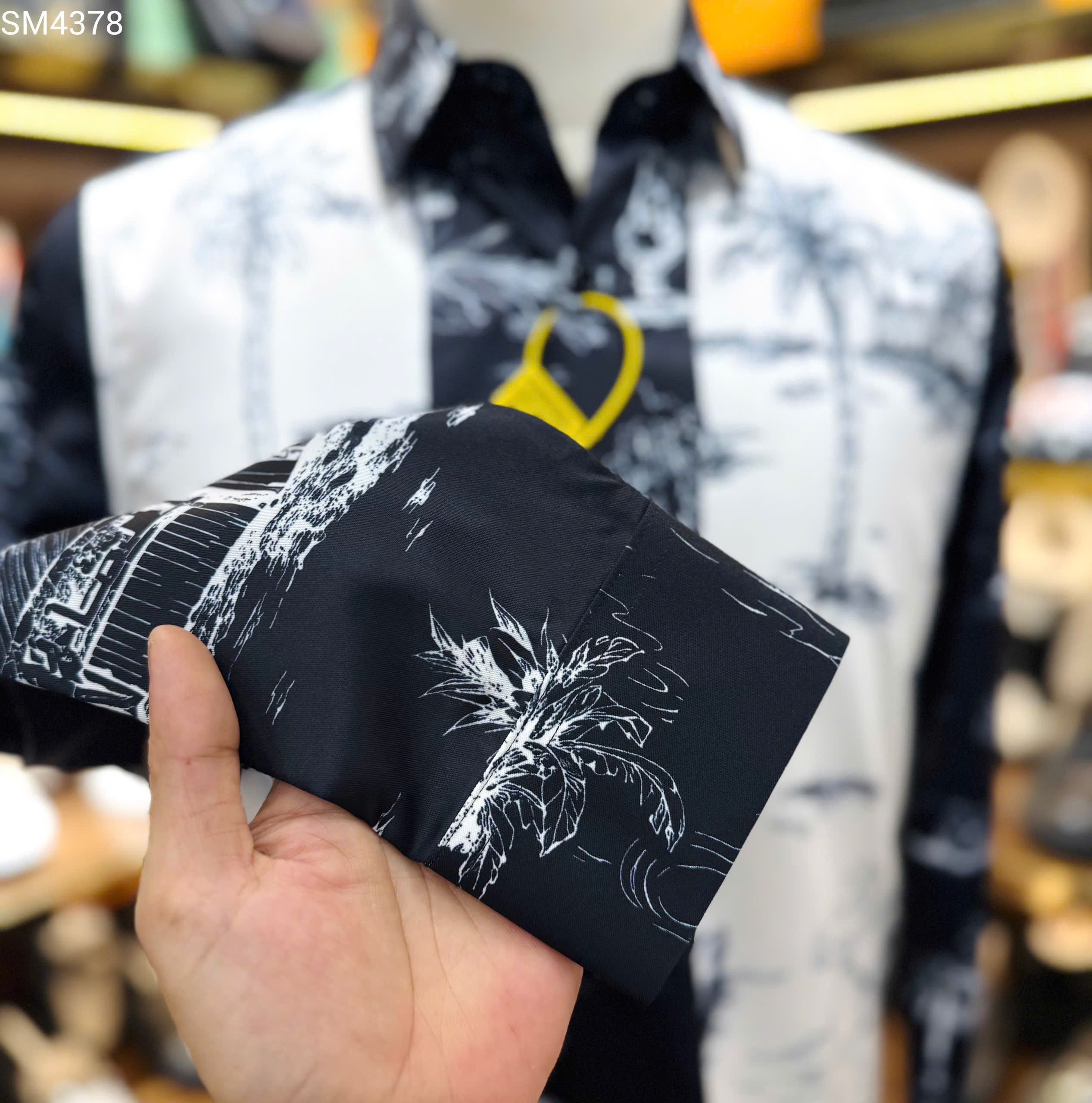 Áo sơ mi hình Dolce Gabbana DG họa tiết cây dừa phối kẻ Trắng Đen Like Auth 38-41 MK