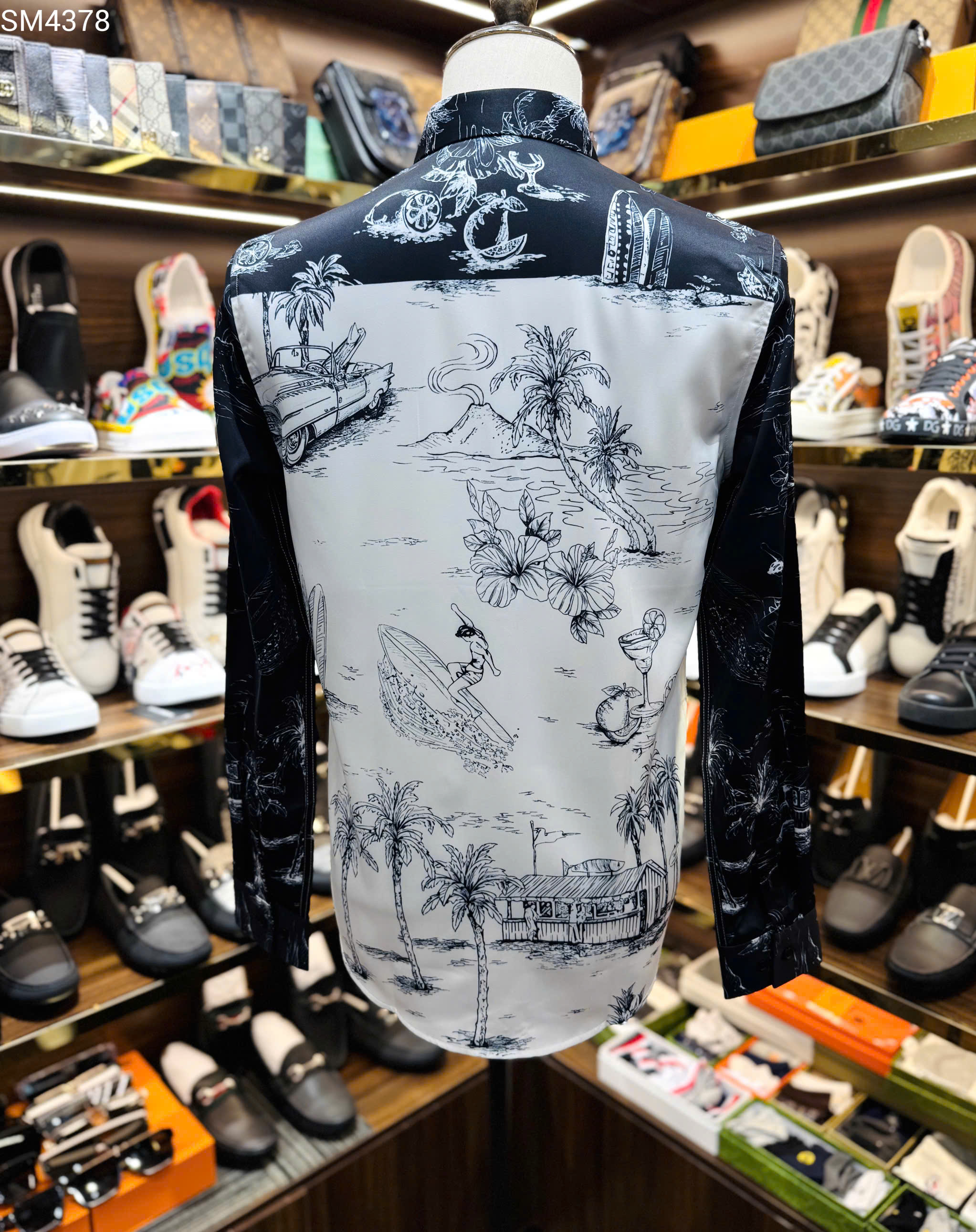 Áo sơ mi hình Dolce Gabbana DG họa tiết cây dừa phối kẻ Trắng Đen Like Auth 38-41 MK