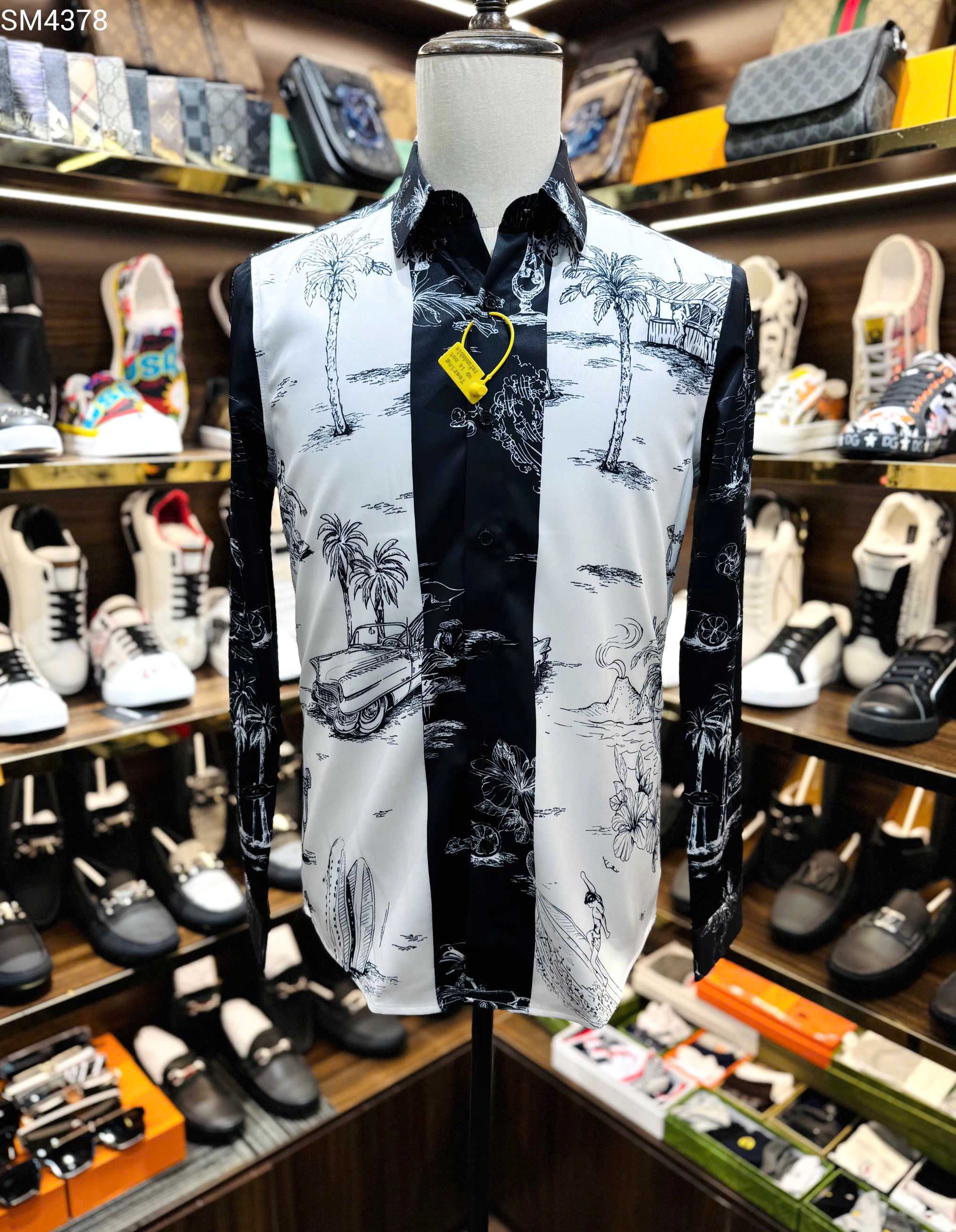 Áo sơ mi hình Dolce Gabbana DG họa tiết cây dừa phối kẻ Trắng Đen Like Auth 38-41 MK