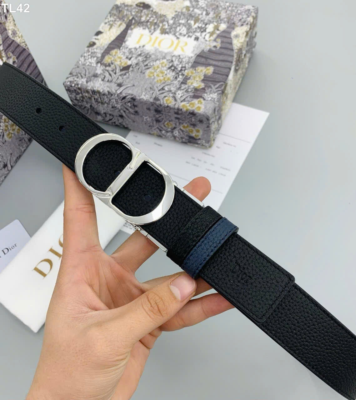 Thắt lưng dây nịt Dior da sần logo CD Bạc Like Auth 90-100 MK