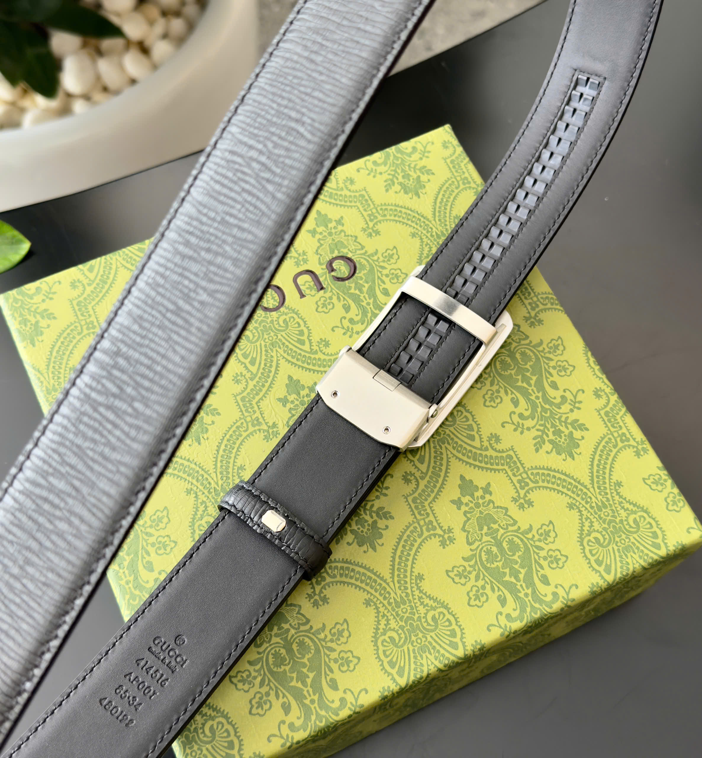 Thắt lưng dây nịt Gucci GC Đen sần sóng mặt Bạc khóa cài Like Auth 85-110 DDT