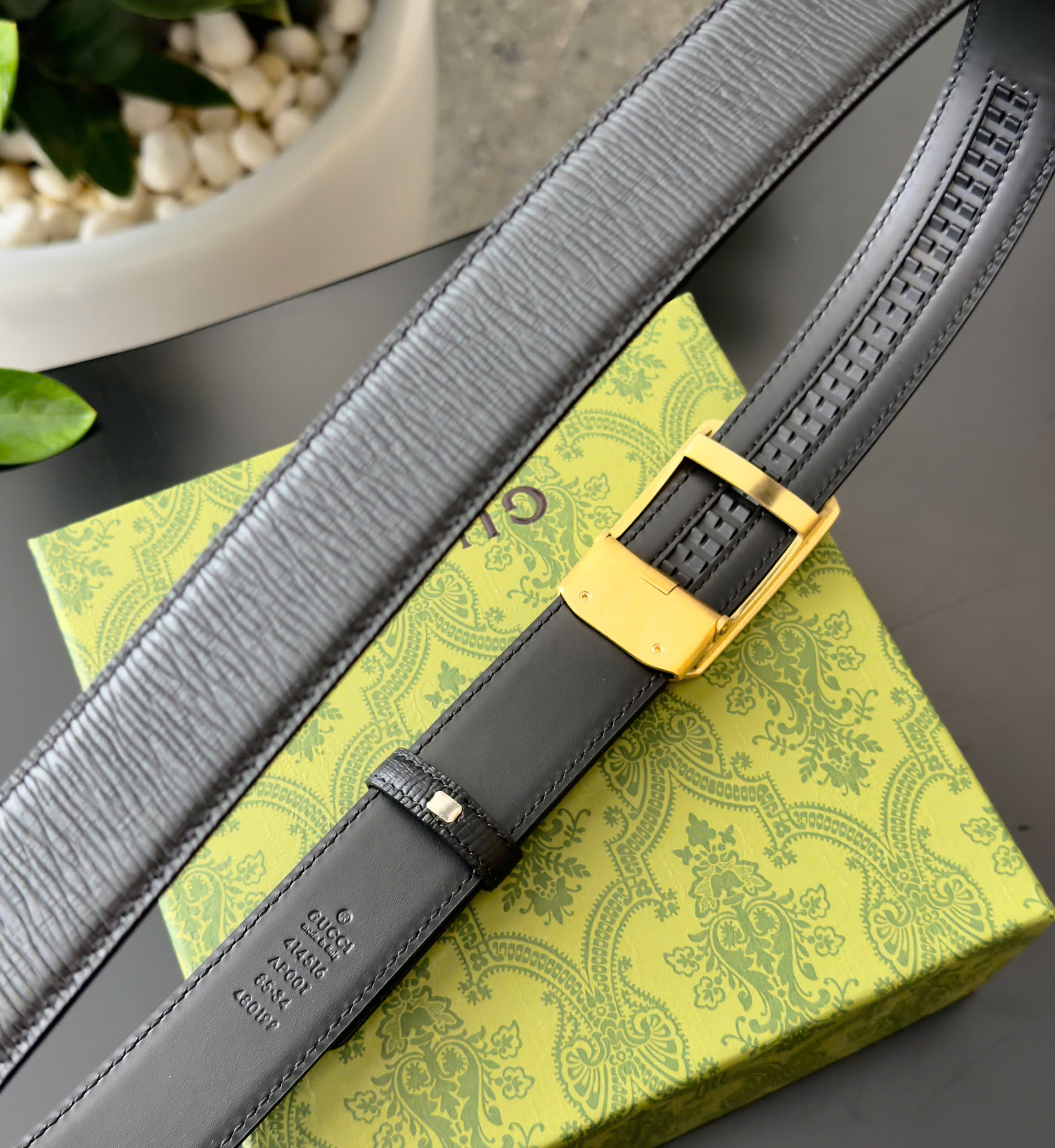 Thắt lưng dây nịt Gucci GC Đen sần sóng mặt Vàng khóa cài Like Auth 85-110 DDT