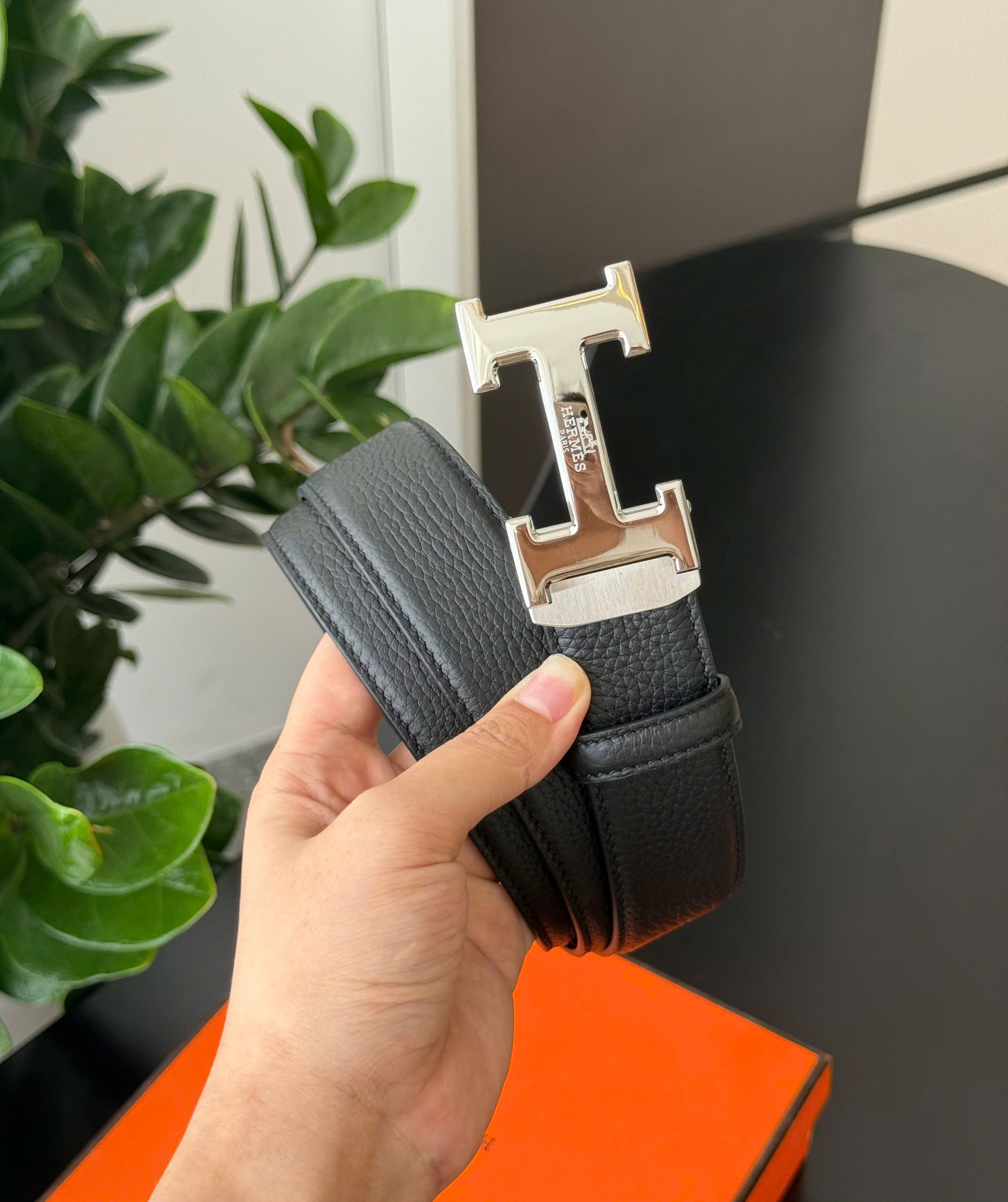 Thắt lưng dây nịt Hermes HM logo chữ H tag bạc họa tiết cỗ xe ngựa khóa tự động Like Auth 85-110 DDT