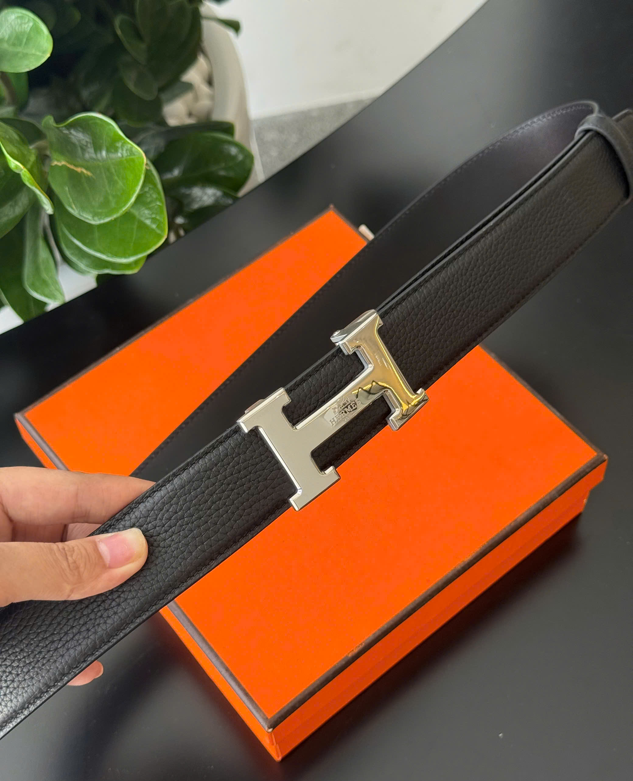 Thắt lưng dây nịt Hermes HM logo chữ H tag bạc họa tiết cỗ xe ngựa khóa tự động Like Auth 85-110 DDT