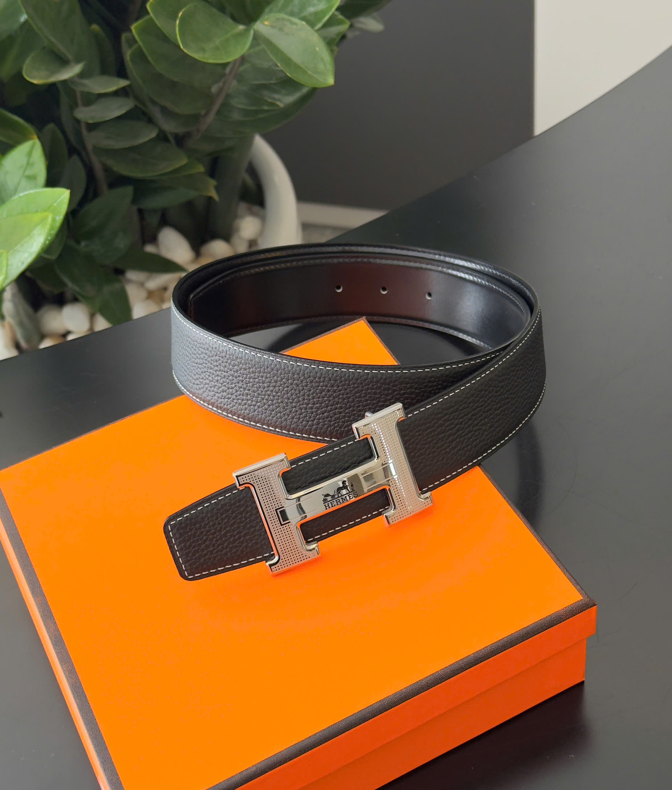 Thắt lưng dây nịt Hermes HM logo chữ H tag bạc kẻ ô họa tiết cỗ xe Ngựa Like Auth 85-110 DDT