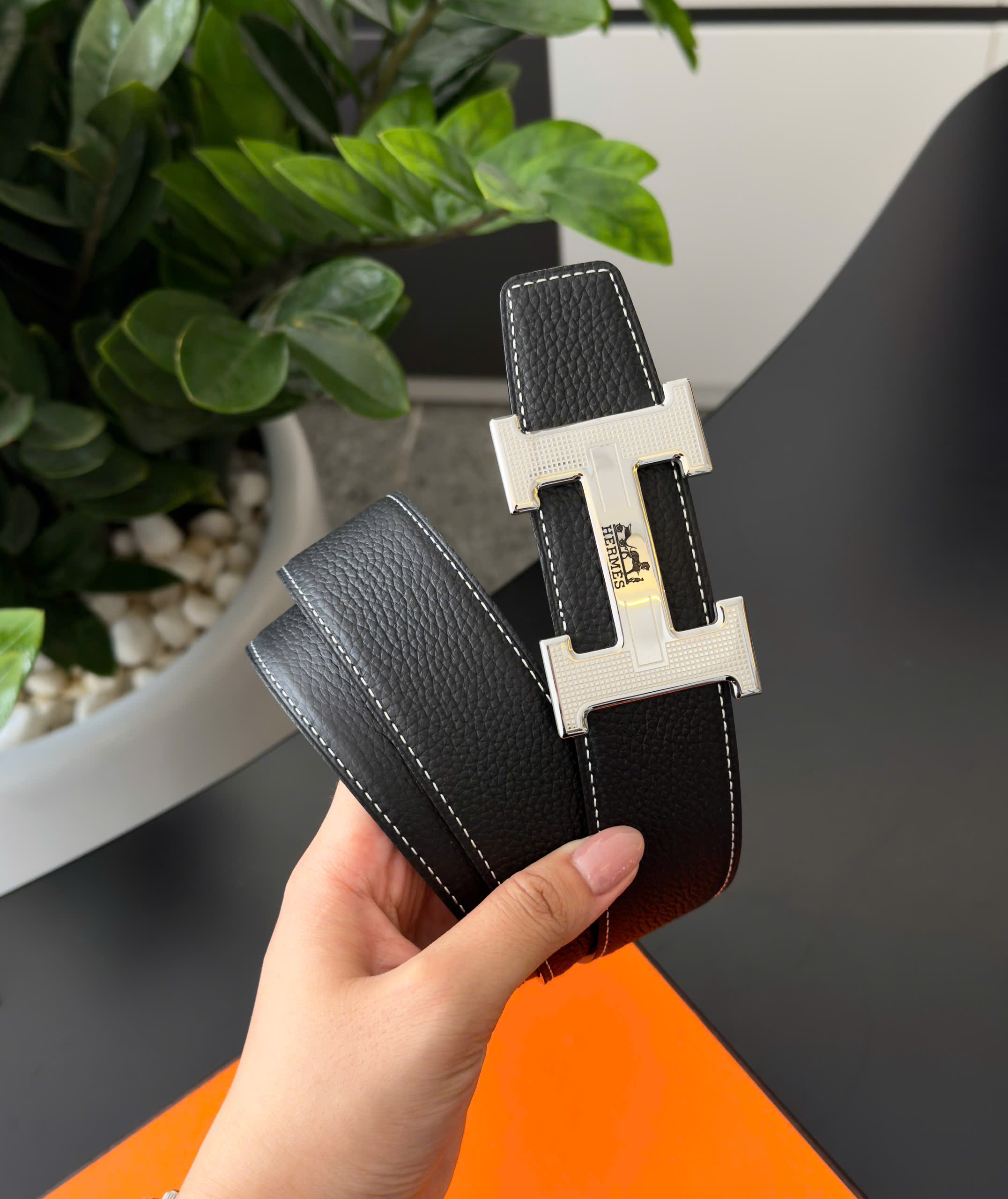 Thắt lưng dây nịt Hermes HM logo chữ H tag bạc kẻ ô họa tiết cỗ xe Ngựa Like Auth 85-110 DDT