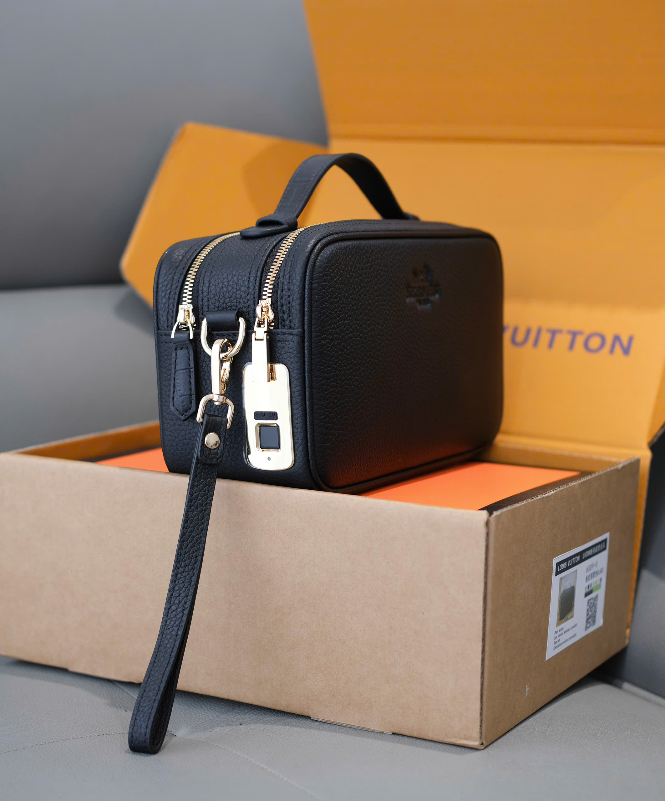 Túi ví Clutch Hermes HM Đen sần khóa vàng mở vân tay Like Auth 25x15x10 DDT