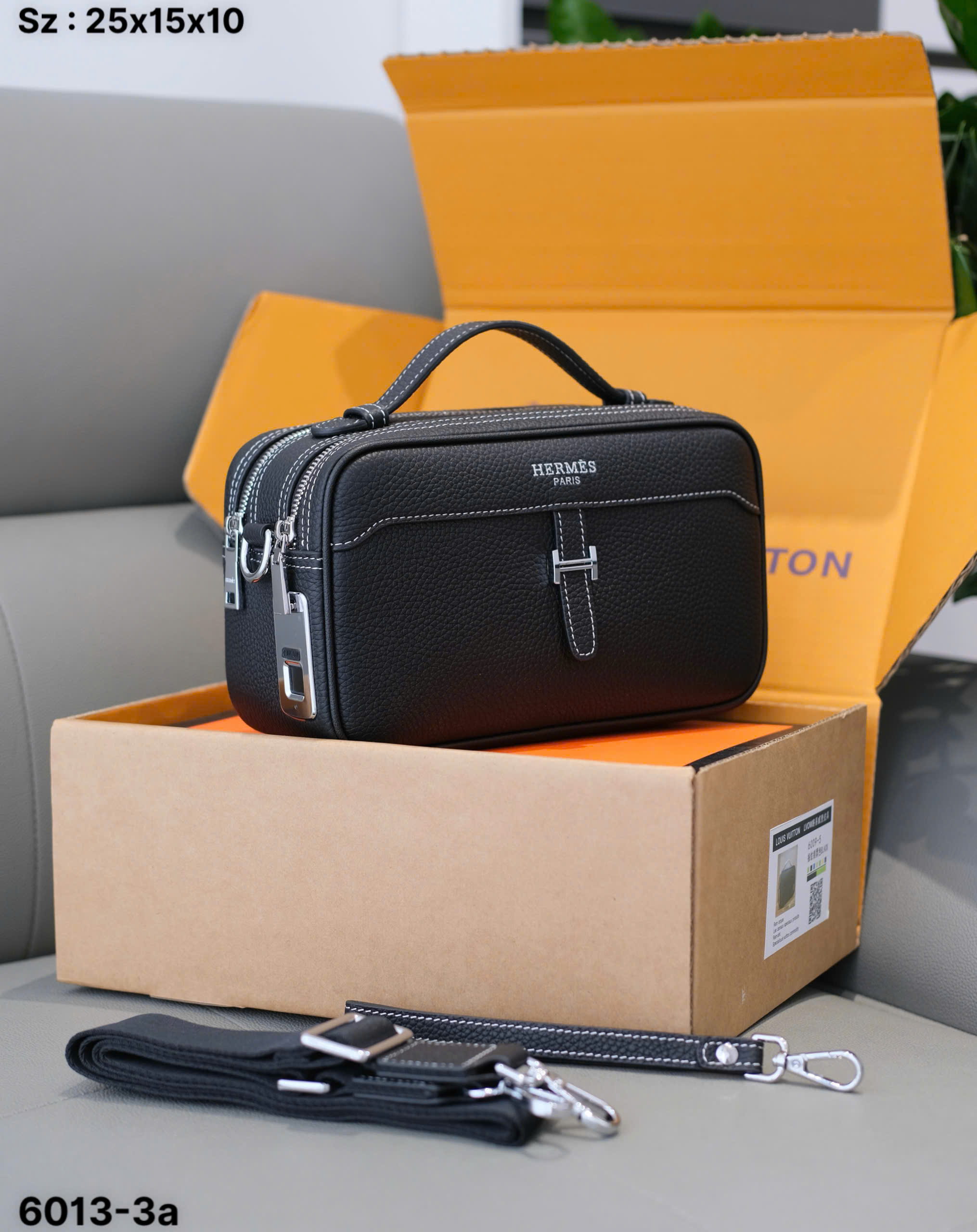 Túi ví Clutch Hermes HM Đen sần logo tag bạc chữ H xỏ chỉ Trắng khóa vân tay Like Auth 25x15x10 DDT