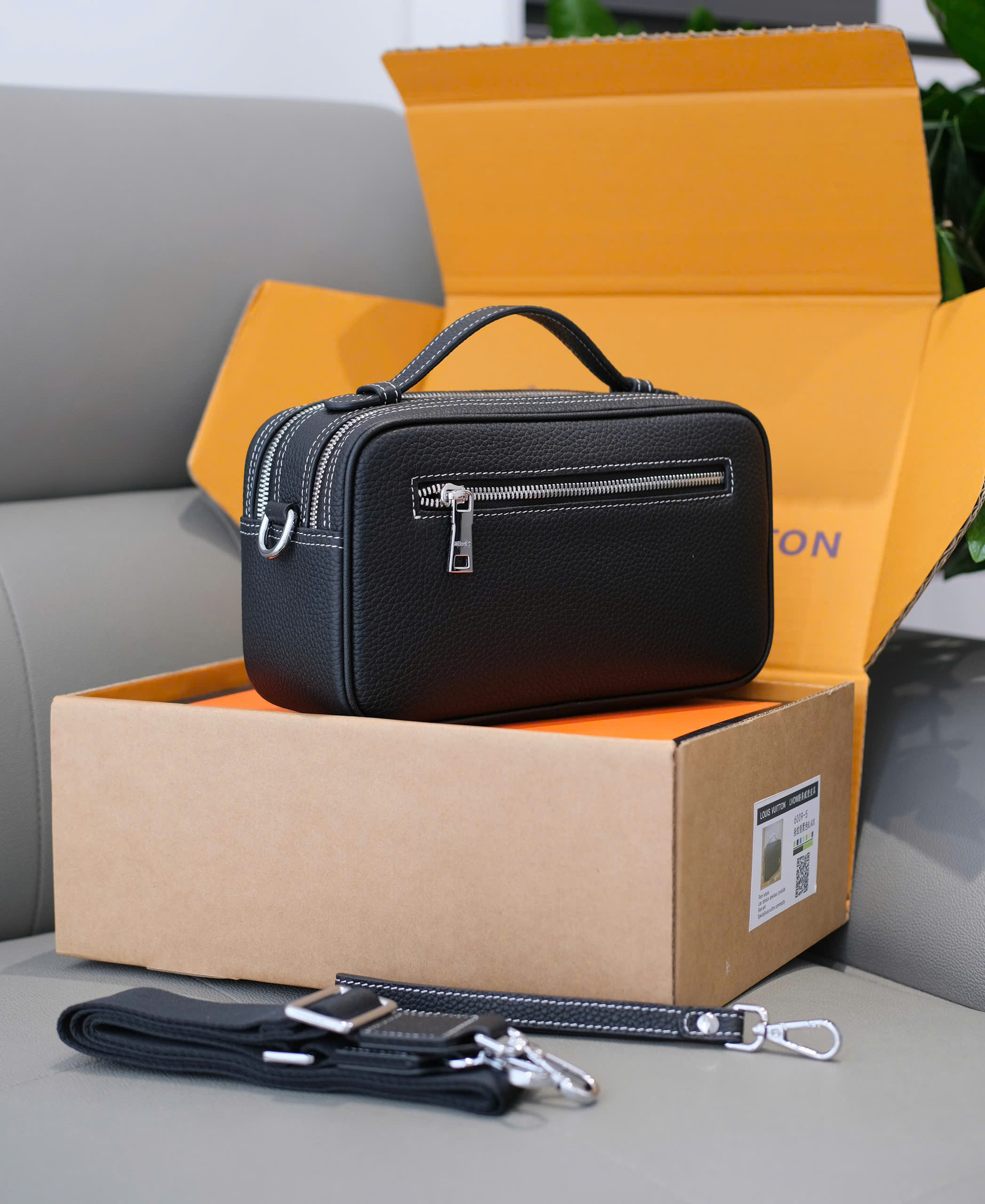 Túi ví Clutch Hermes HM Đen sần logo tag bạc chữ H xỏ chỉ Trắng khóa vân tay Like Auth 25x15x10 DDT