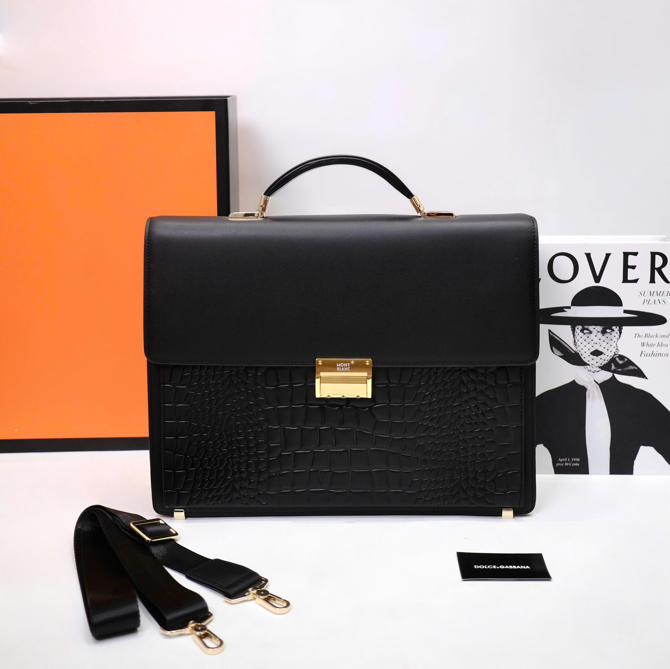 Túi cặp xách tay đeo vai Monblanc da cá sấu nắp trơn khóa số bản 1-1 on web 38x28x9 DDT