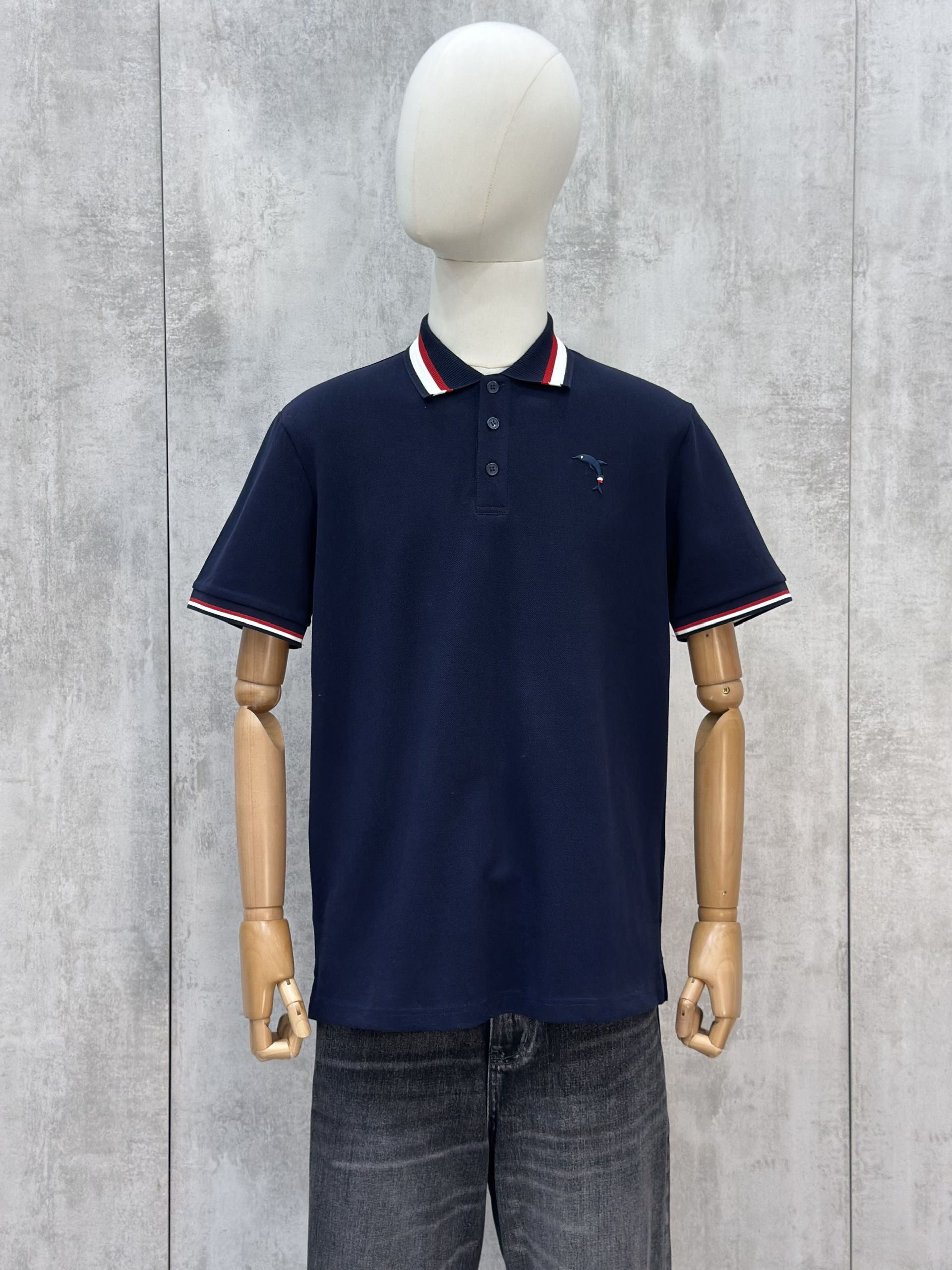 Áo polo Caras kẻ sọc tay cổ bo viền logo thêu Cá Heo ngực Đen Trắng Xanh Than Like Auth S-XL VTN\XANH THAN