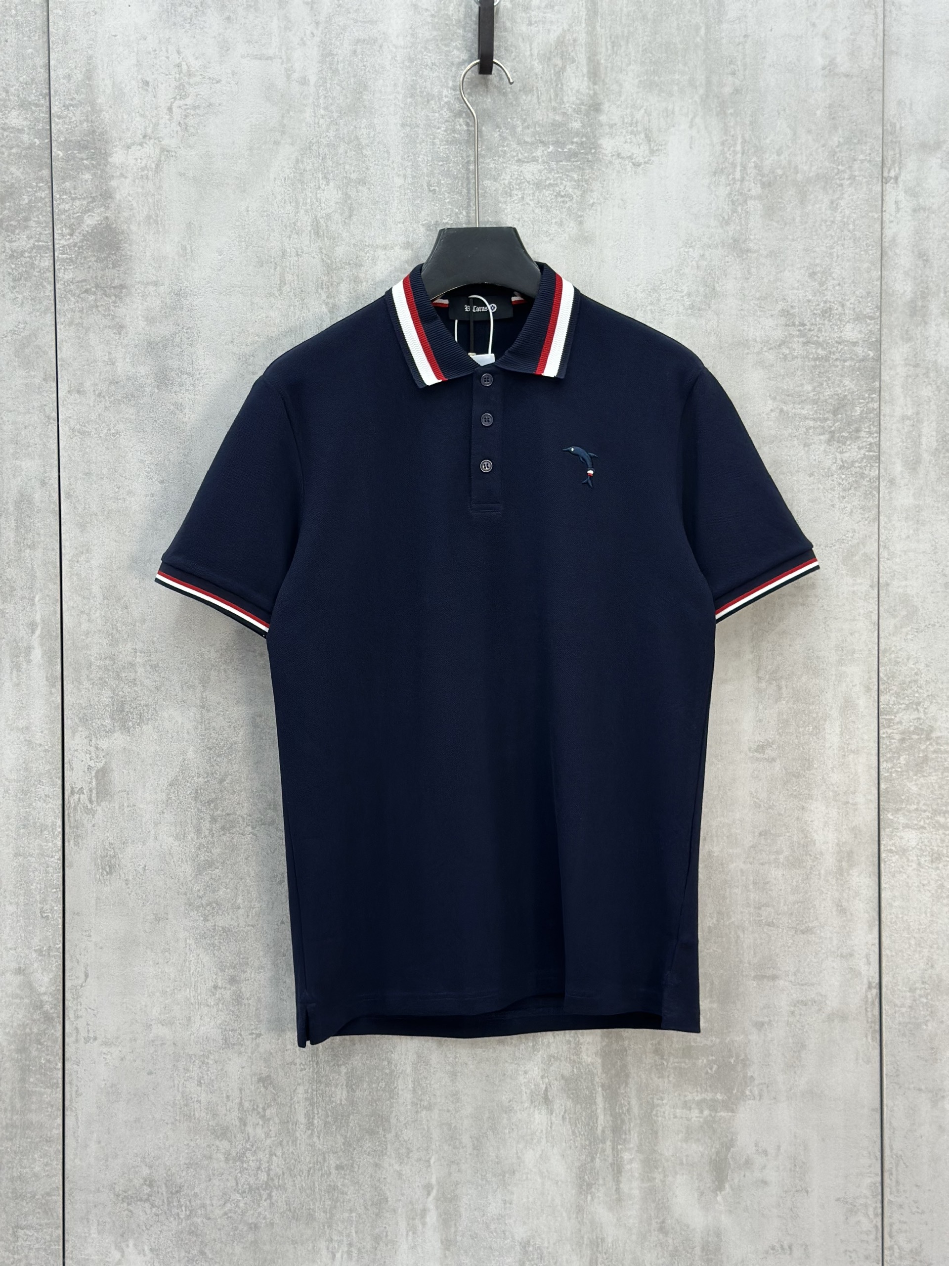 Áo polo Caras kẻ sọc tay cổ bo viền logo thêu Cá Heo ngực Đen Trắng Xanh Than Like Auth S-XL VTN\XANH THAN